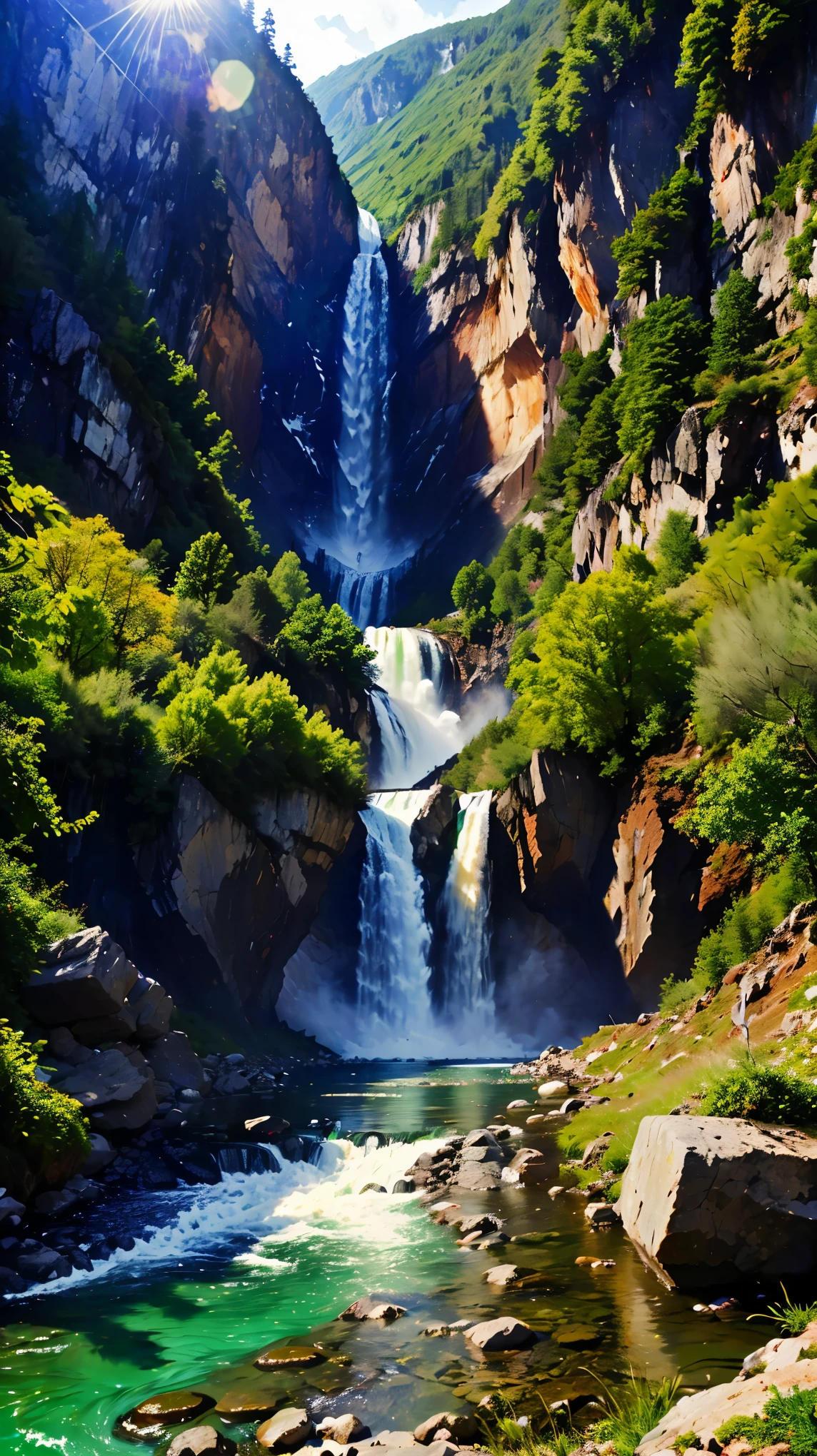  (8k, RAW photo, 最high quality, masterpiece:1.2), High-definition RAW color photo, Professional photo shoot, Landscape with a majestic waterfall, water flowing down, Momentum, river flow, The majesty of nature, birds chirping, wood々green, Mountain々blessings from, Lens flare, high quality, photo shoot.