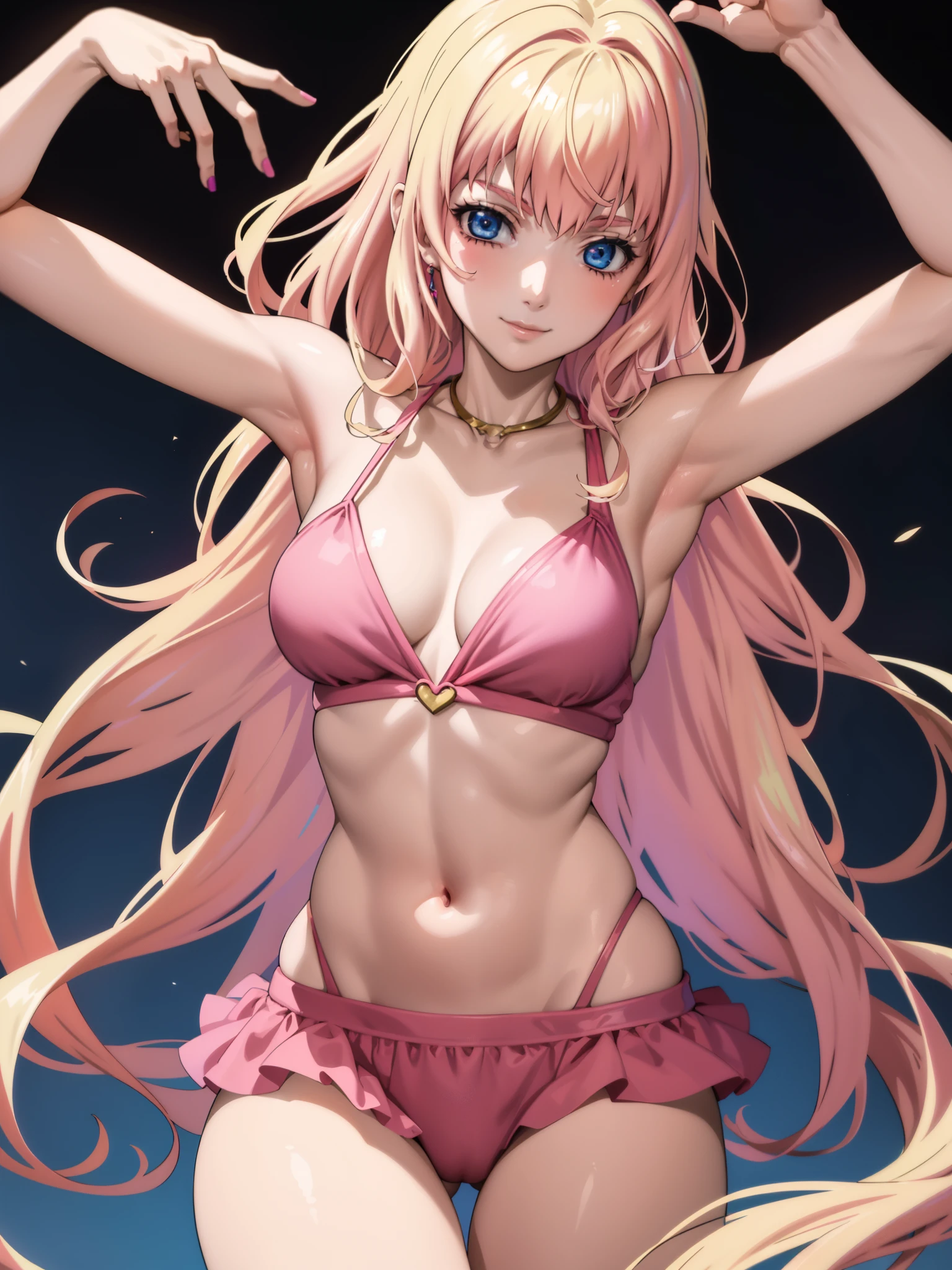 Show your armpits,(anime:1.1), highest quality, masterpiece,
1 girl, Shirley Nome, colorful hair, blonde hair, pink hair, gradation hair long hair, medium breasts, blue eyes, mature woman,  looking at the viewer, smile
