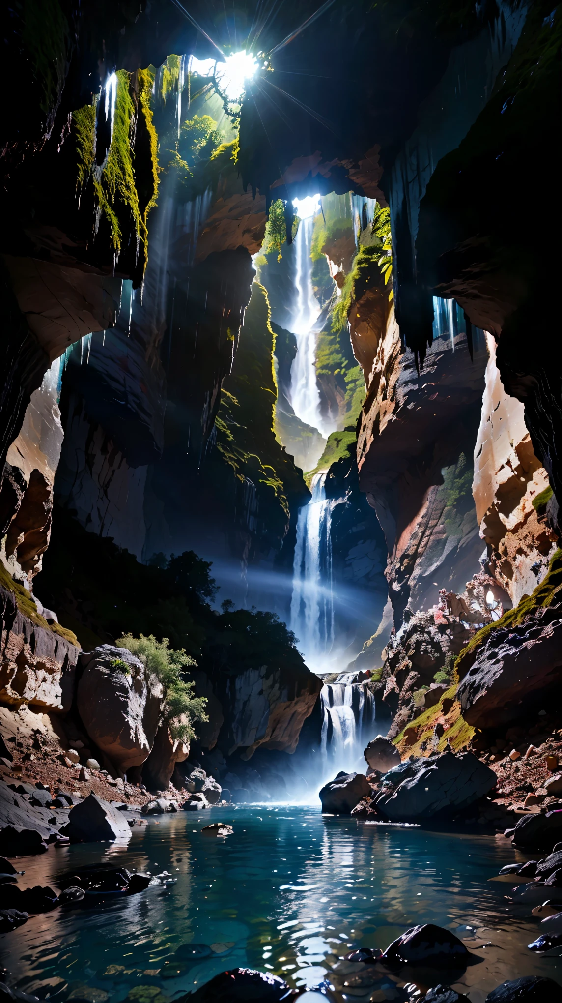  (8k, RAW photo, 最high quality, masterpiece:1.2), High-definition RAW color photo, Professional photo shoot, Landscape with a majestic waterfall, water flowing down, Momentum, river flow, The majesty of nature, birds chirping, wood々green, Mountain々blessings from, Lens flare, high quality, photo shoot.