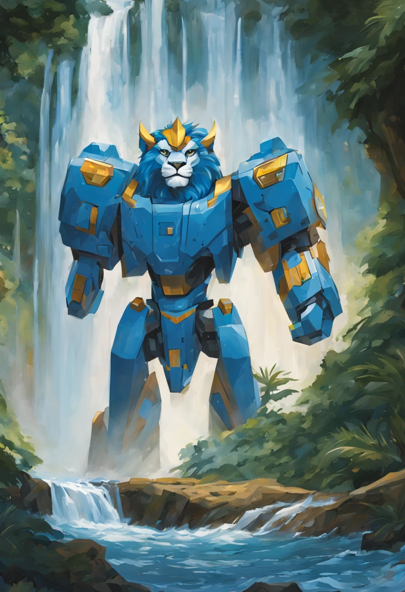 (The Blue Voltron robot lion) is barely concealed behind a huge powerful waterfall. A mighty jungle grows here.