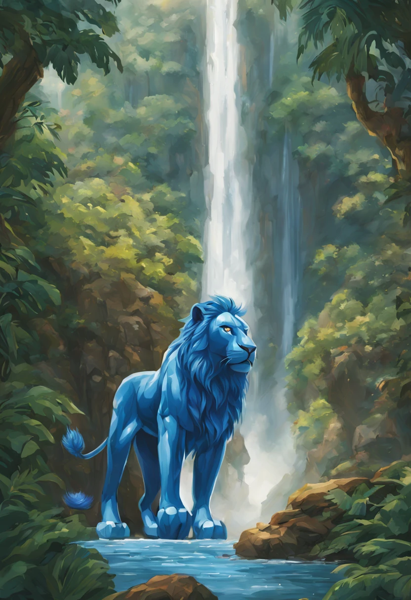 (The Blue Voltron robot lion) is barely concealed behind a huge powerful waterfall. A mighty jungle grows here.