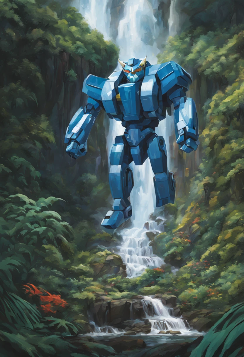 (The Blue Voltron robot lion) is barely concealed behind a huge powerful waterfall. A mighty jungle grows here.