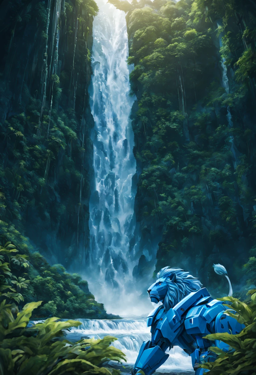 (A blue color schemed obviously robotic Voltron lion) is sitting under a waterfall, water both dances off the lion and distorts its outline, at night on a forest world