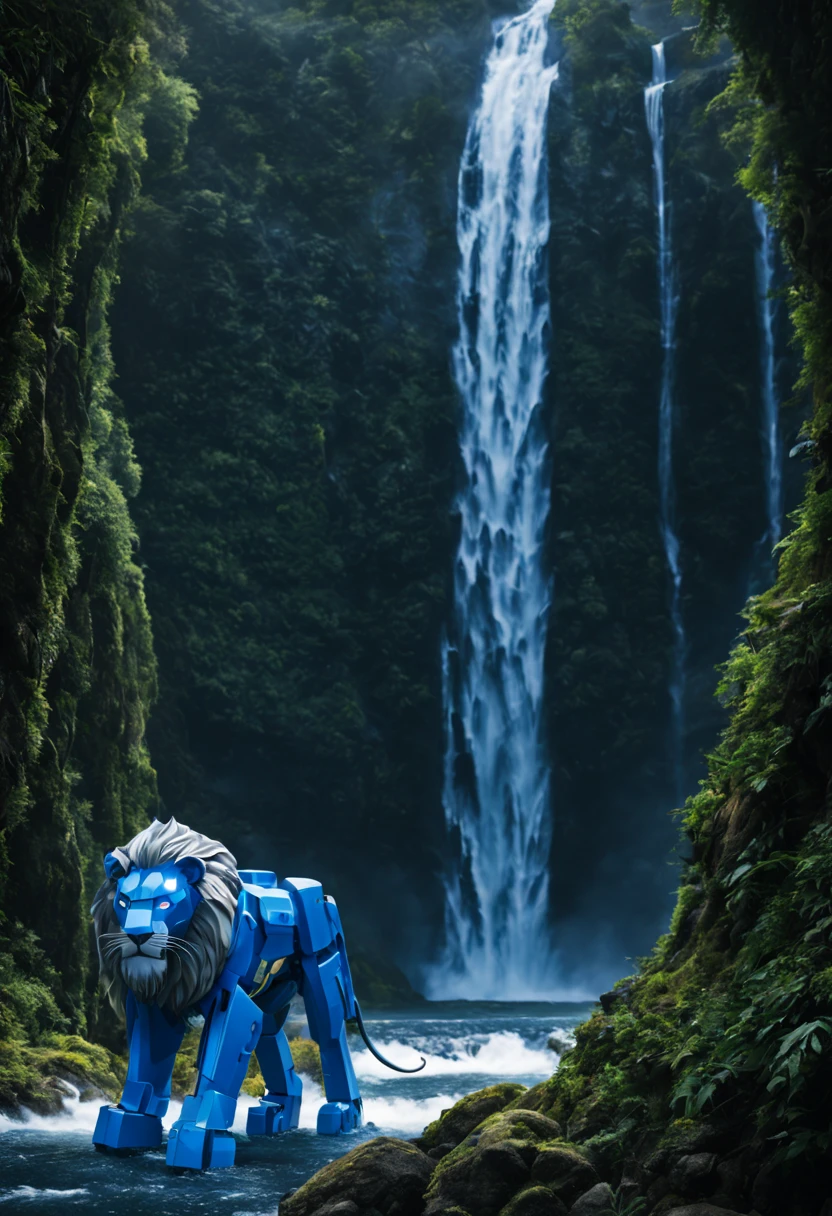 (The Blue Voltron robot lion) is barely concealed behind a huge powerful waterfall. A mighty jungle grows here.