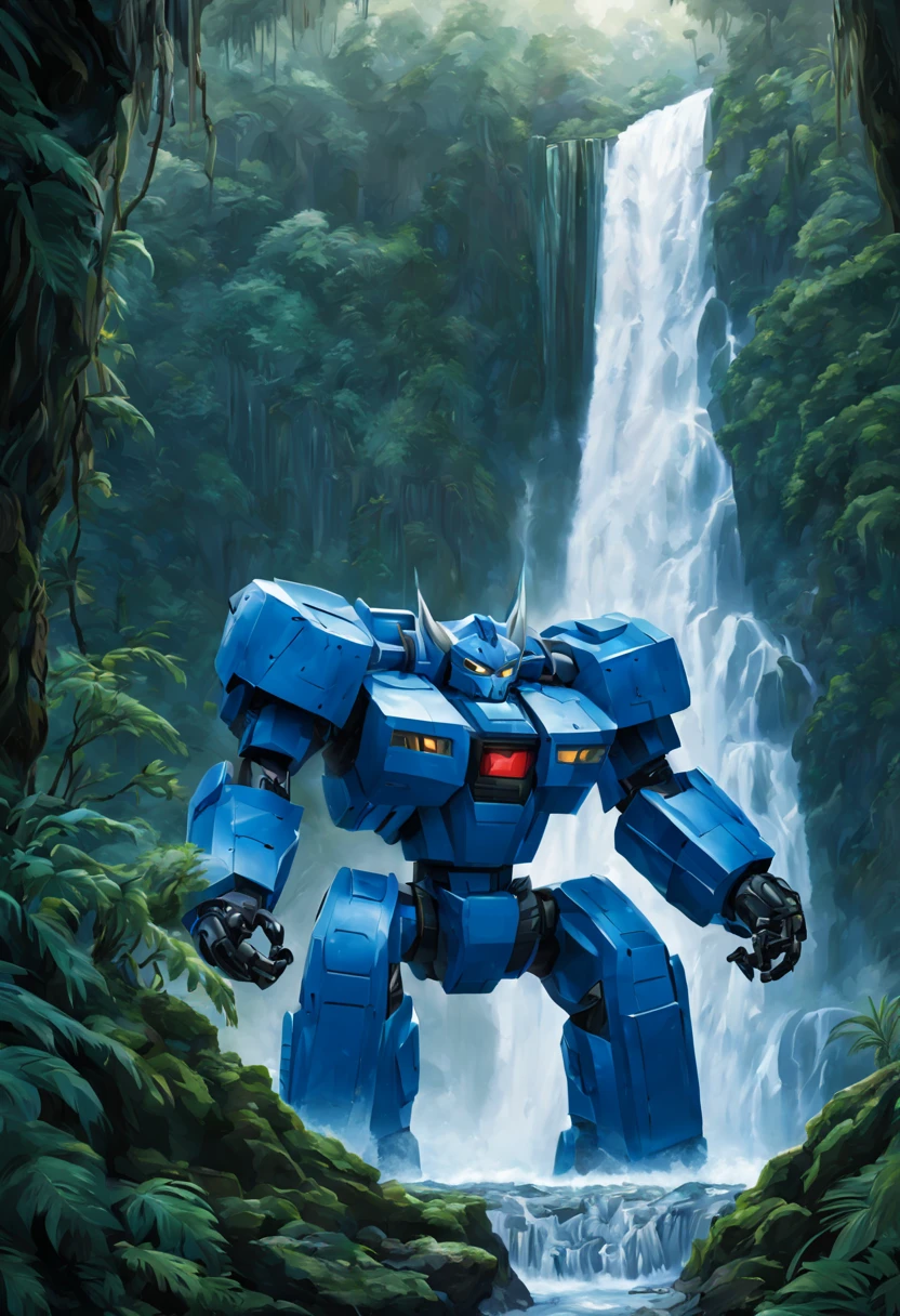 (The Blue Voltron robot lion) is barely concealed behind a huge powerful waterfall. A mighty jungle grows here.