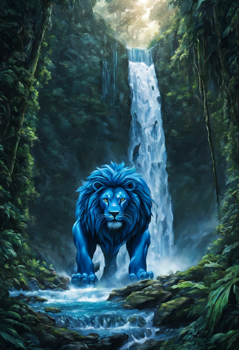 (The Blue Voltron robot lion) is barely concealed behind a huge powerful waterfall. A mighty jungle grows here.