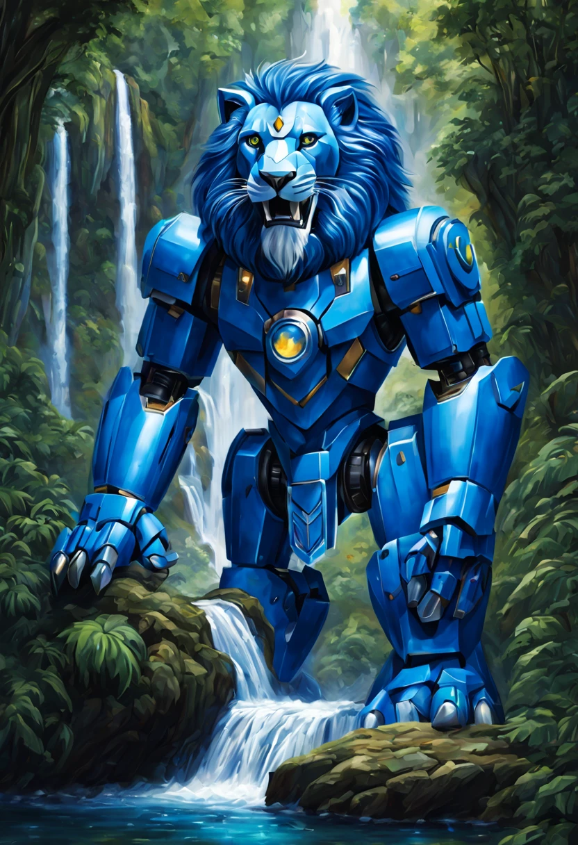 (A mighty jungle,The Blue Voltron robot lion,barely concealed,powerful waterfall),(best quality,ultra-detailed,realistic),(illustration,painting),vivid colors,natural lighting,lush greenery,sparkling water reflection,majestic sight,roaring sound of the waterfall,hidden secret,ancient ruins,mystical atmosphere,awe-inspiring presence