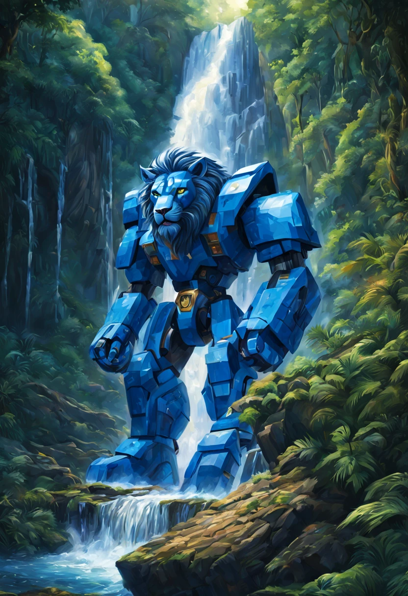 (A mighty jungle,The Blue Voltron robot lion,barely concealed,powerful waterfall),(best quality,ultra-detailed,realistic),(illustration,painting),vivid colors,natural lighting,lush greenery,sparkling water reflection,majestic sight,roaring sound of the waterfall,hidden secret,ancient ruins,mystical atmosphere,awe-inspiring presence
