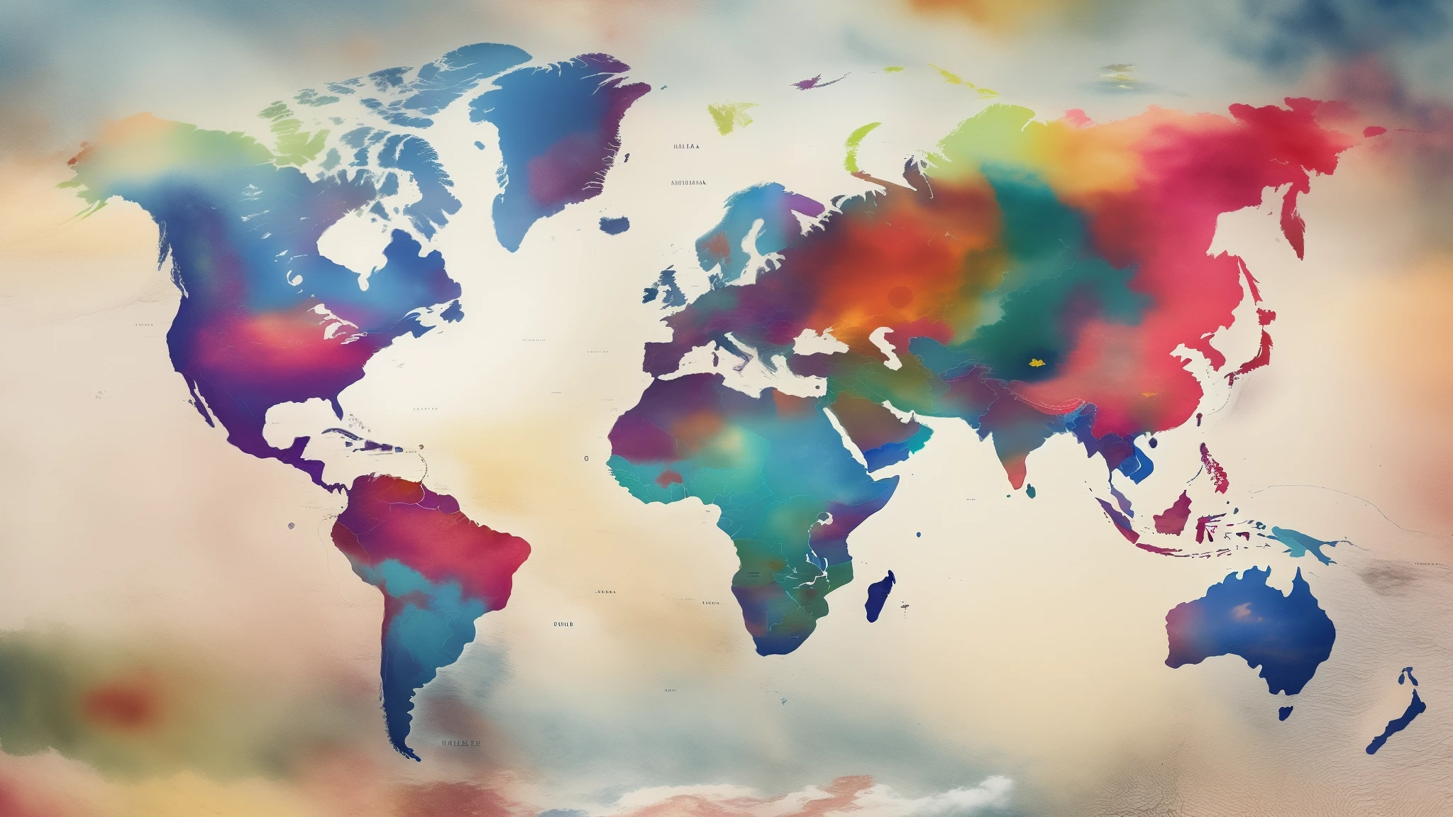 a close up of a map of world with watercolor paint, worldly colors, world地图, 脱离worldly colors, Earthy and pastel colors, Continents, color pictures, 充满活力的world, amazing wallpapers, world, cartography map art, colorful, 古老的world, Vibrant bright colors, Based on geographical map, around world, Popular wallpapers