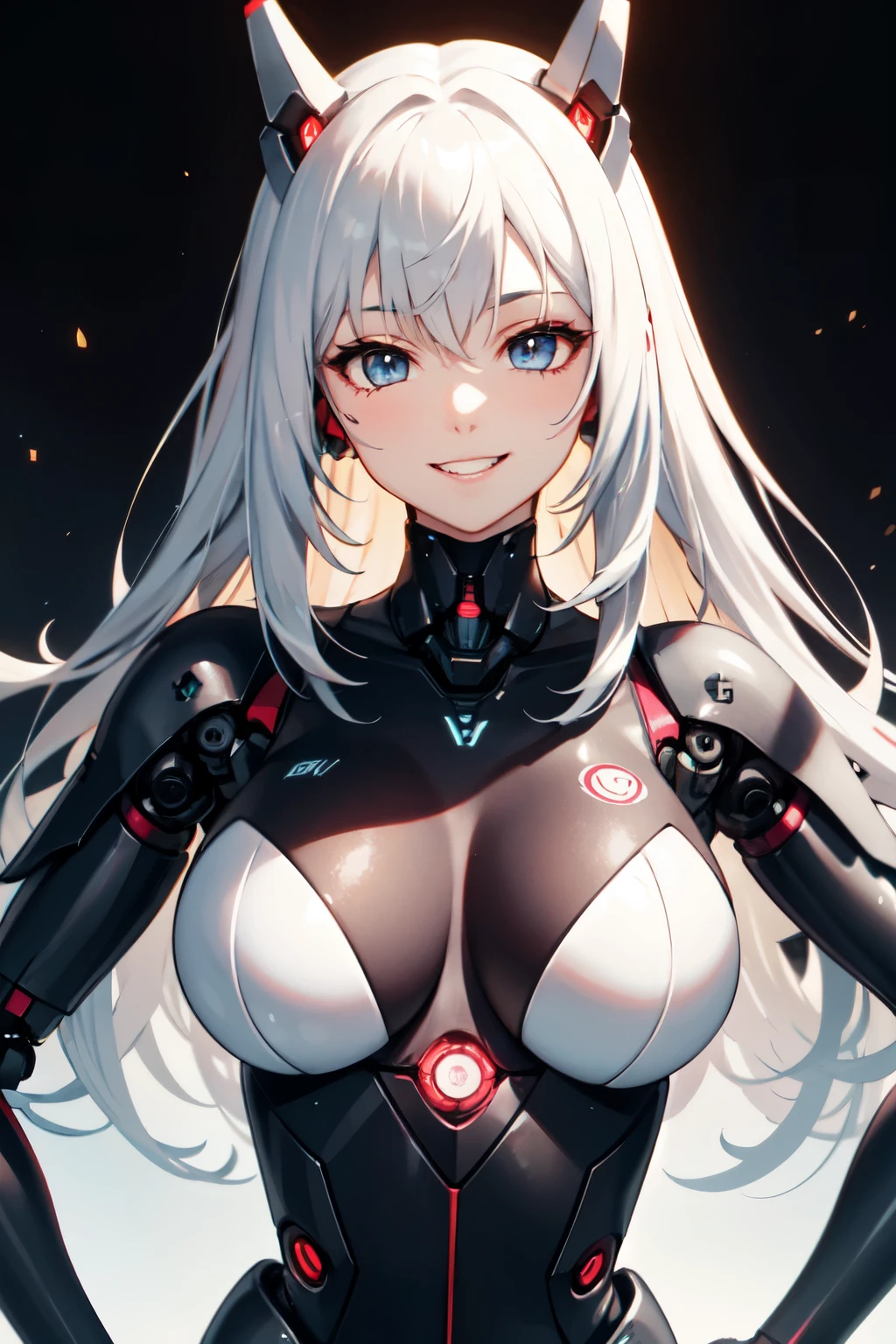 ((fundo liso)), ((robotic woman)), (cabelo ruivo), (olho vermelho), sadistic smile