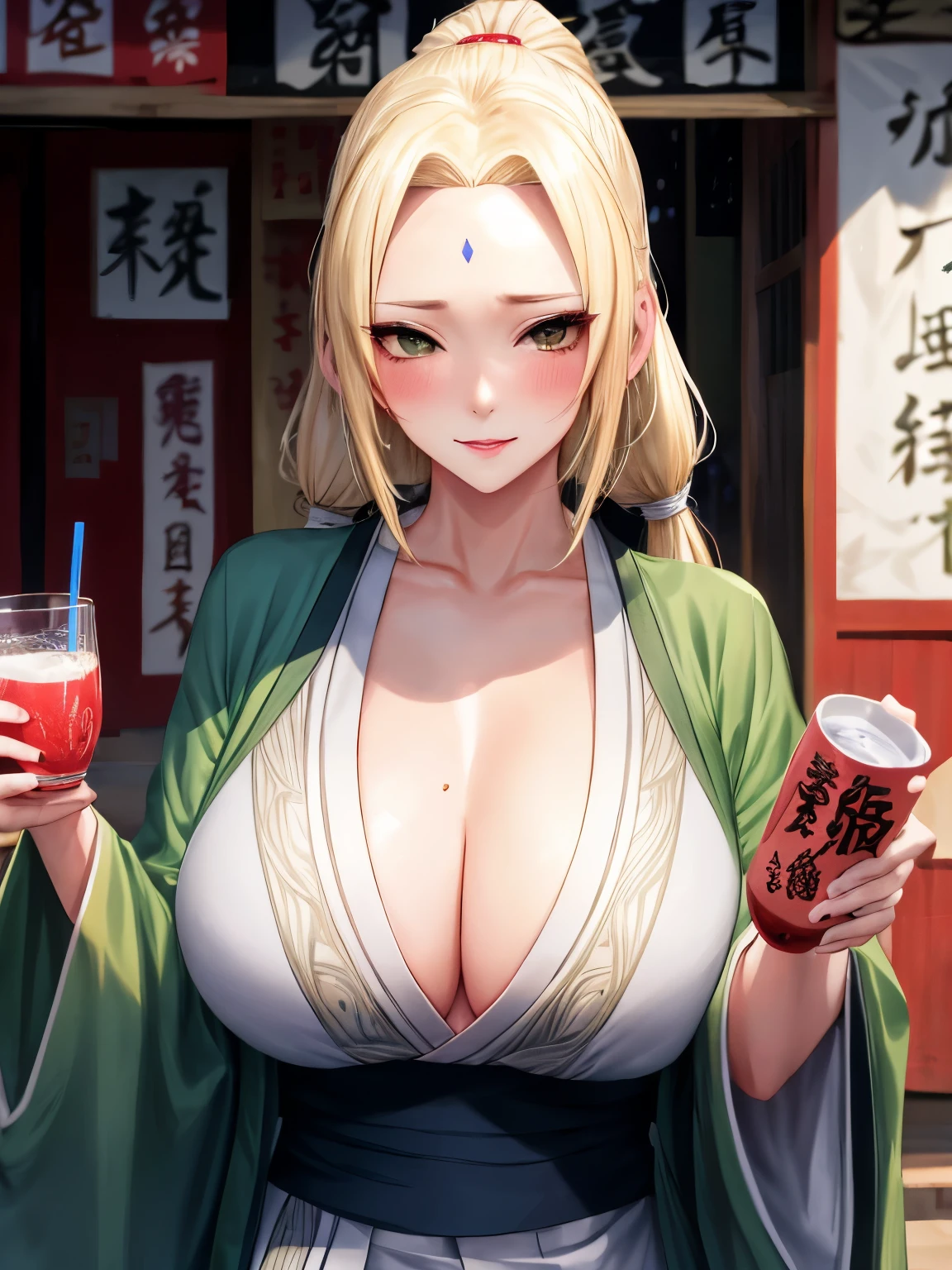 highres, sharp focus, pixiv masterpiece, ((intricate details)), highly detailed,  upper body shot, 1girl, mature, blonde hair, blue forehead mark,white kimono, green jacket, sash, tsunade_senju, blush, drinking sake