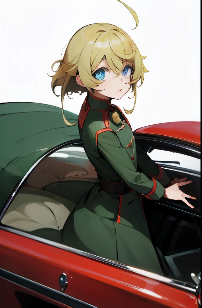 Tanya degurechaff on top of a 1950s car