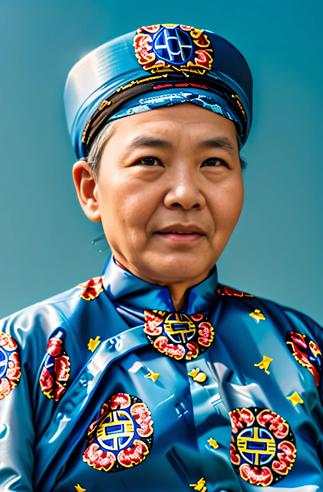 Highly realistic photo, ((masterpiece), (best quality), (raw photo), (photorealistic:1.4), Portrait of Vietnamese old man, 80 years old, (( black hair)), black ao dai, black head scarf, ((light blue background)) , photo taken by Sony A7IV