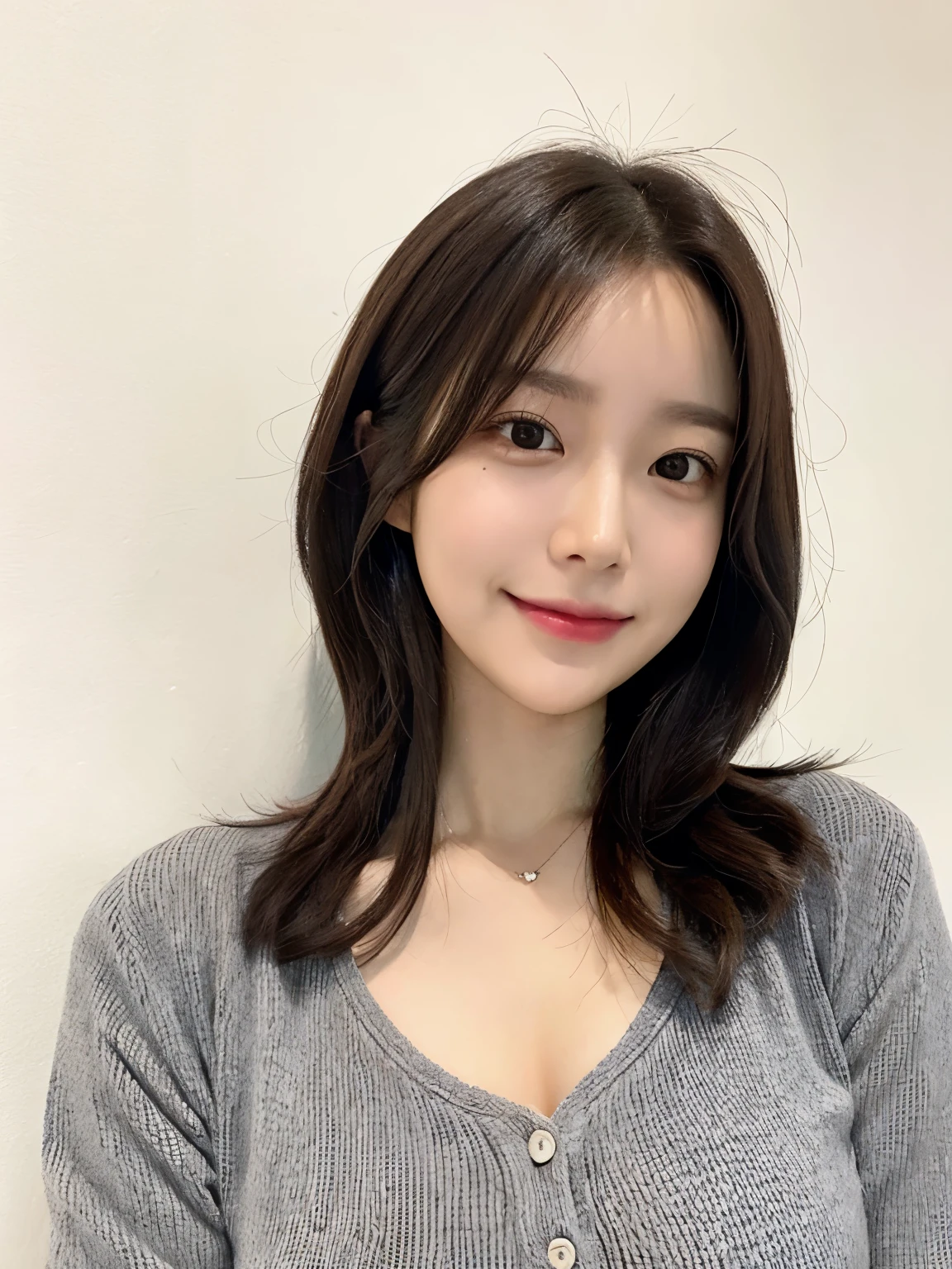 (Highly realistic photos, High resolution, detailed face, fine eyes), ((Taken in front of a white wall))、japanese woman, 40 years old, various expressions, alone:1, slim figure, different hairstyles, casual clothes, Only one person appears in the photo、long sleeve dress、Photographed in natural light、simple necklace、spring clothes、don't look at the camera、profile、dark brown hair color、bob hair、Hands are not visible