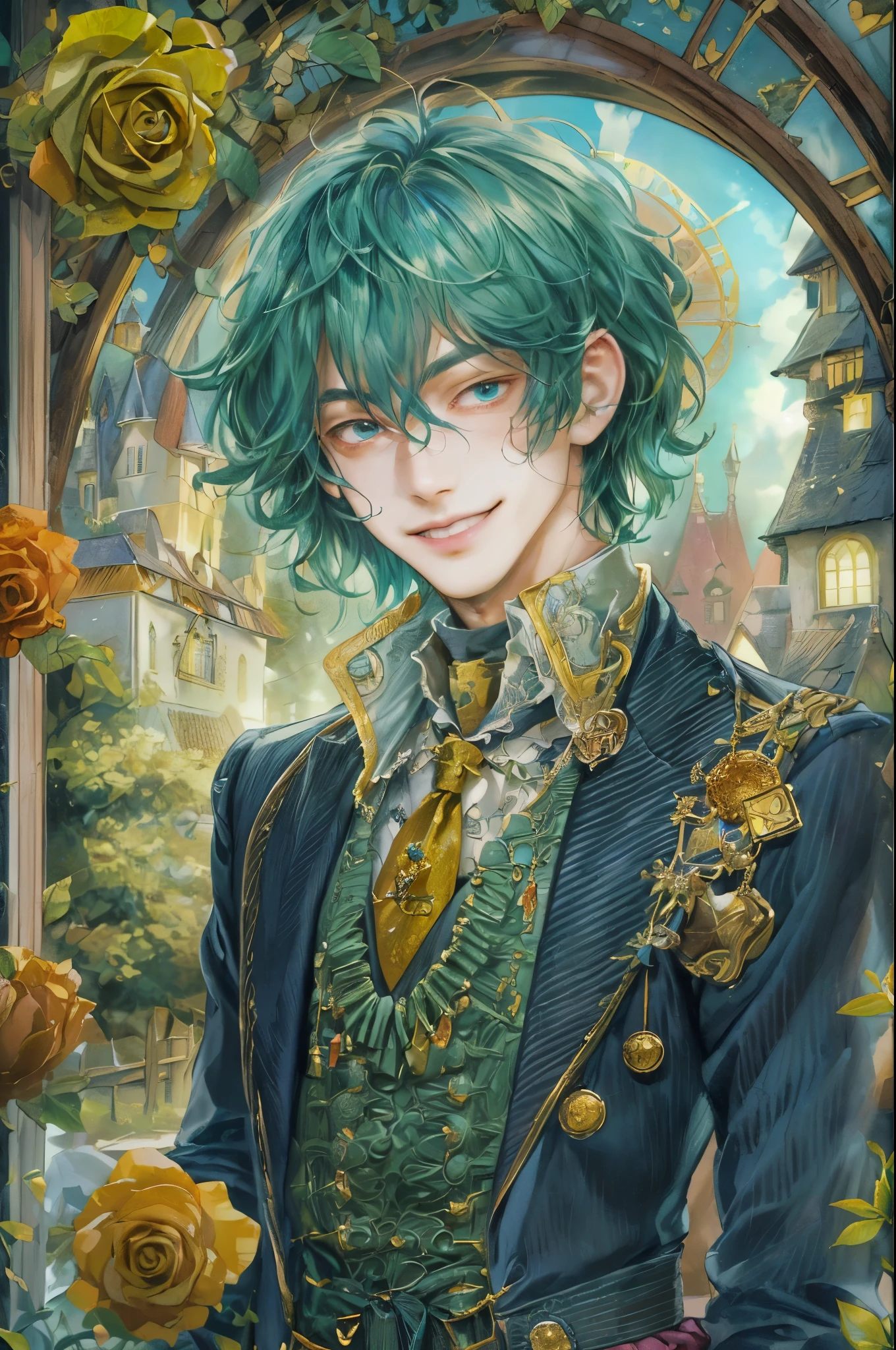 ((absurdres, highres, ultra detailed, perfect face), 1 boy , front view, young boy, handsome boy villain character from Uta no Prince sama, short hair, anime eyes, alchemist clothes with colorful details,  eyes on the viewer, add red details to picture and smirk, dimples, extremely detailed CG unity 8k wallpaper, add blue details on side, intricate details and add yellow details on left, rose ornaments, witch castle background, detailed houses town scenery window background, tim burton style theme