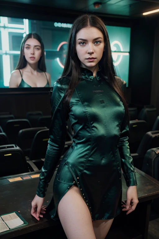 (young girl, , dark hair, photorealistic, pale skin), (green (eyes:1.2)), (medium build:1.3), (fantasy silk dress), beautiful face, symmetrical face, Greg Rutkowski, wlop and Sam Kuvshinov, (long hair), black eyelashes, large iris, large pupil, full body, standing on the background of the theater, artstation, 8k, musical theater, pastel colors, props, panel, concept, futuristic, gribble, simon stalenhag, music, overexposed, sexy, fun