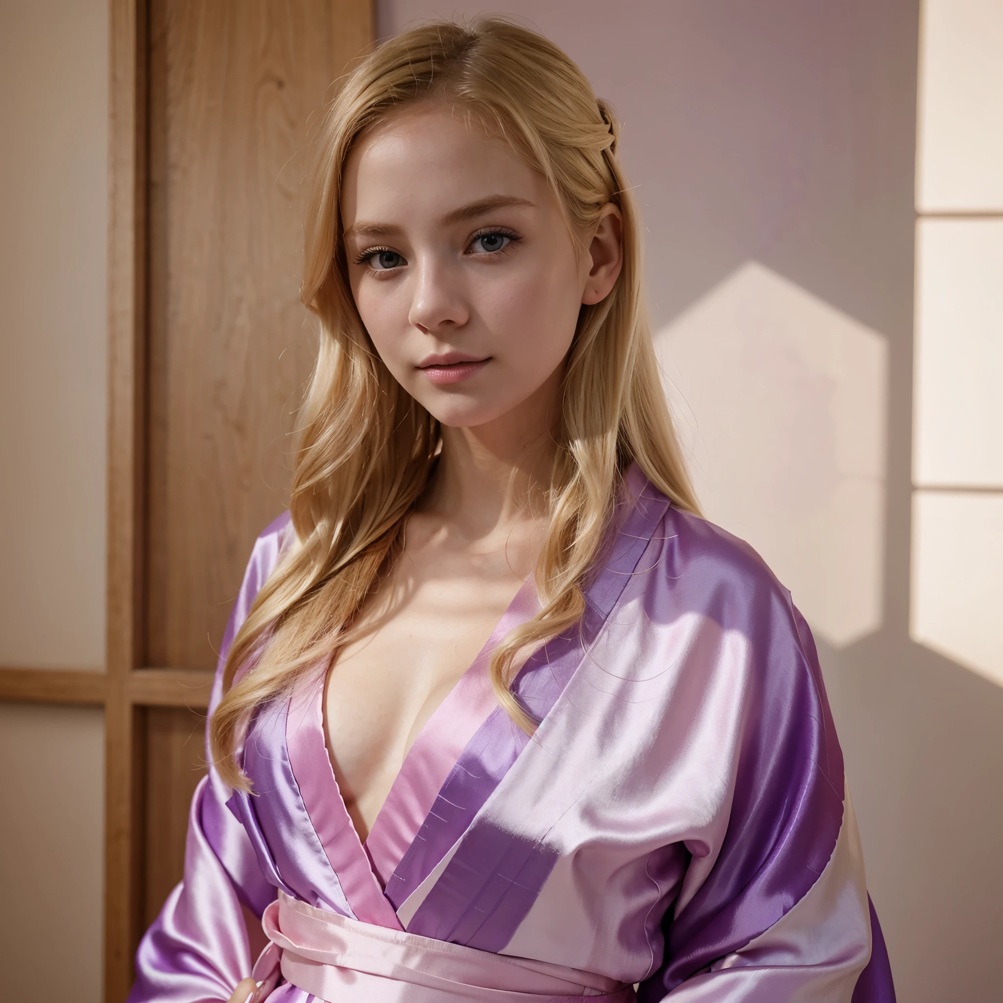 Girl with blonde hair and porcelain skin, wearing a pink and purple kimono made of silk and very beautiful 