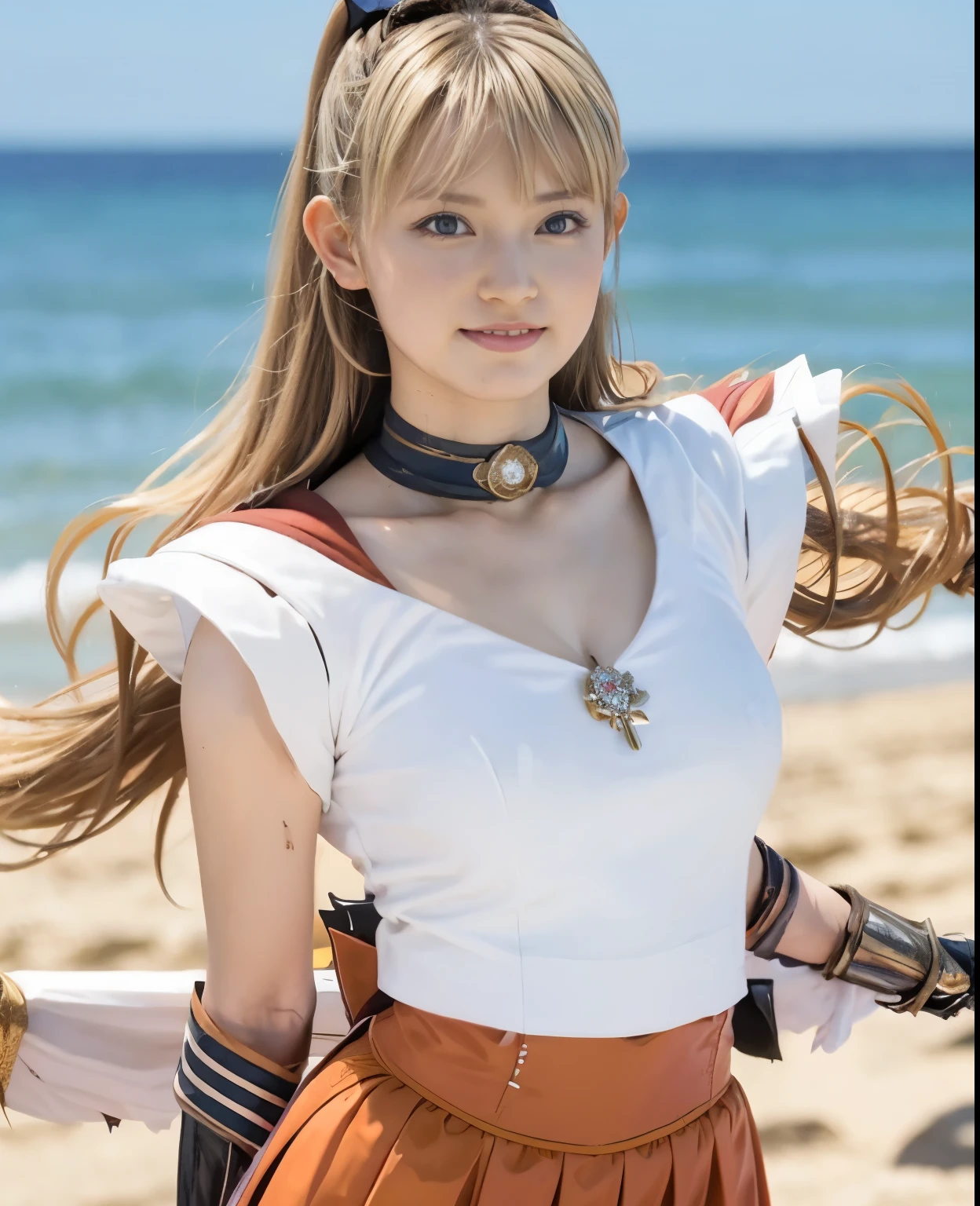 (highest quality:1.2),(perfect beautiful face:1.2),(perfect and beautiful posture:1.2),(japanese woman:1.1),blonde long hair, On the beach in midsummer, smile, big breasts, muscular body,Ultra-high precision photos,clear eyes, ((sailor_venus:1.3)),close up of chest