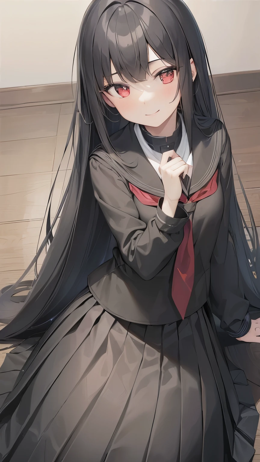 Masterpiece, girl, black serafuku, very long hair, black hair, red glow eyes, light smile, indoor, black skirt, very long skirt, flat chest, pov, pleated skirt, dutch angle, hands holding skirt, from above