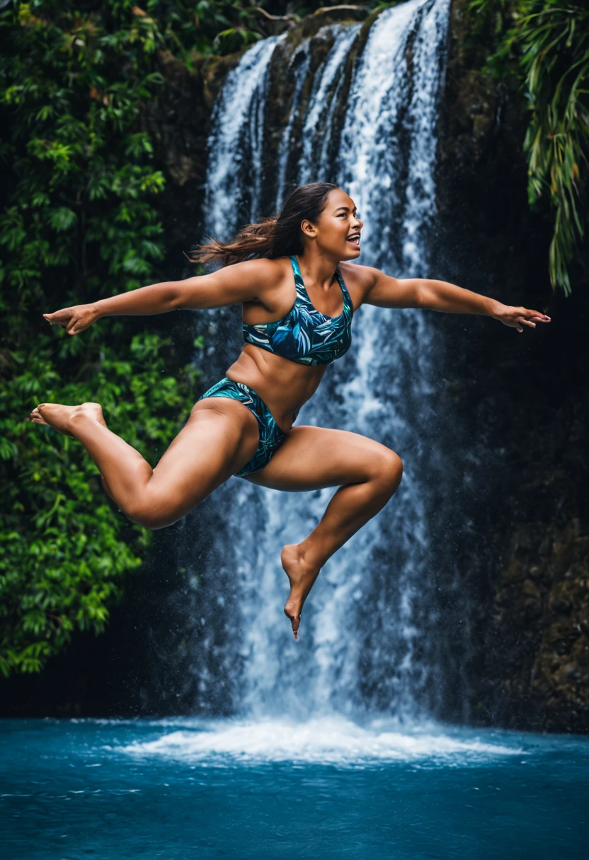 "(best quality, highres, realistic:1.37), vivid colors, ultra-detailed, HDR, Samoan woman, athletic woman, age:20, gorgeous face, lovely face, bright sport swimsuit, bravely jumping, diving, waterfall, pool below, powerful splash, breathtaking scenery, tropical paradise"