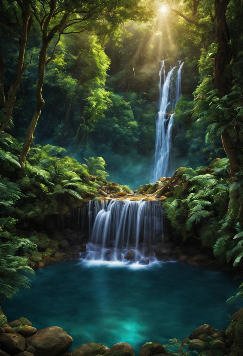Create stunning images，A majestic waterfall cascades from towering cliffs in an enchanted forest. The area around the waterfall should be lush green, Vibrant green plants, Diverse flora and fauna add to the magical atmosphere. as the water falls into the crystal clear pool below，The water should sparkle, Create mesmerizing ripples and reflections. Sunlight shines through the dense leaves, Cast an ethereal light onto the scene. Birds and butterflies dance, Add movement and life to a tranquil environment. The sheer size and beauty of a waterfall should evoke feelings of awe and wonder, Inviting viewers to immerse themselves in this captivating natural wonder.