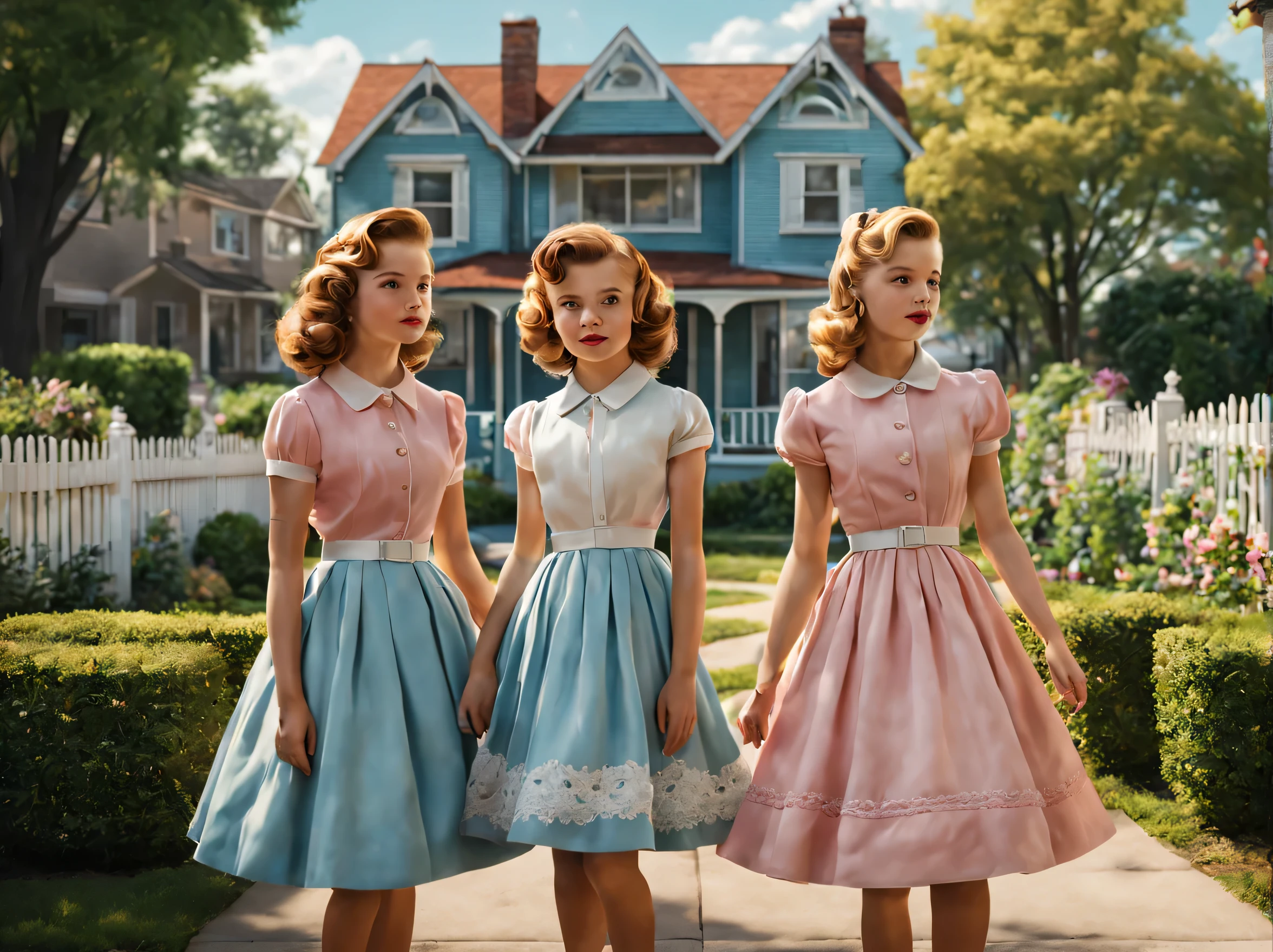 A vibrant and hyper-realistic depiction of 50s Suburbia in the highest quality (best quality, 4k, 8k, highres, masterpiece:1.2), with ultra-detailed (realistic, photorealistic, photo-realistic:1.37) elements.
The scene showcases a picturesque suburban neighborhood in the 1950s, meticulously capturing the essence of the era. The houses are perfectly preserved, with white picket fences, manicured lawns, and blooming gardens. In the foreground, two girls stand on the sidewalk, dressed in stylish vintage attire, exuding the youthful energy of the time.
The girls have beautifully detailed eyes and lips, emphasizing their delicate features and vibrant personalities. Their expressive eyes are framed by long eyelashes, while their lips exude a natural rosy hue. Their hairstyles are reminiscent of the iconic '50s fashion, epitomizing the charm and elegance of the era.
The colors in the image are vibrant and rich, enhancing the visual impact of the scene. The bright blue sky serves as a perfect backdrop, while the houses are painted in pastel shades, radiating a sense of warmth and nostalgia. The lush greenery and blossoming flowers further enhance the idyllic atmosphere of the suburban neighborhood.
The lighting in the scene is carefully crafted to accentuate the details and create a sense of depth. Soft golden sunlight casts long, dramatic shadows, adding a touch of cinematic flair. The shadows highlight the textures of the houses and the girls' dresses, creating a visually captivating composition.
With its sharp crisp image and ultra-fine painting details, this artwork transports the viewer back in time to experience the charm and beauty of 50s Suburbia.