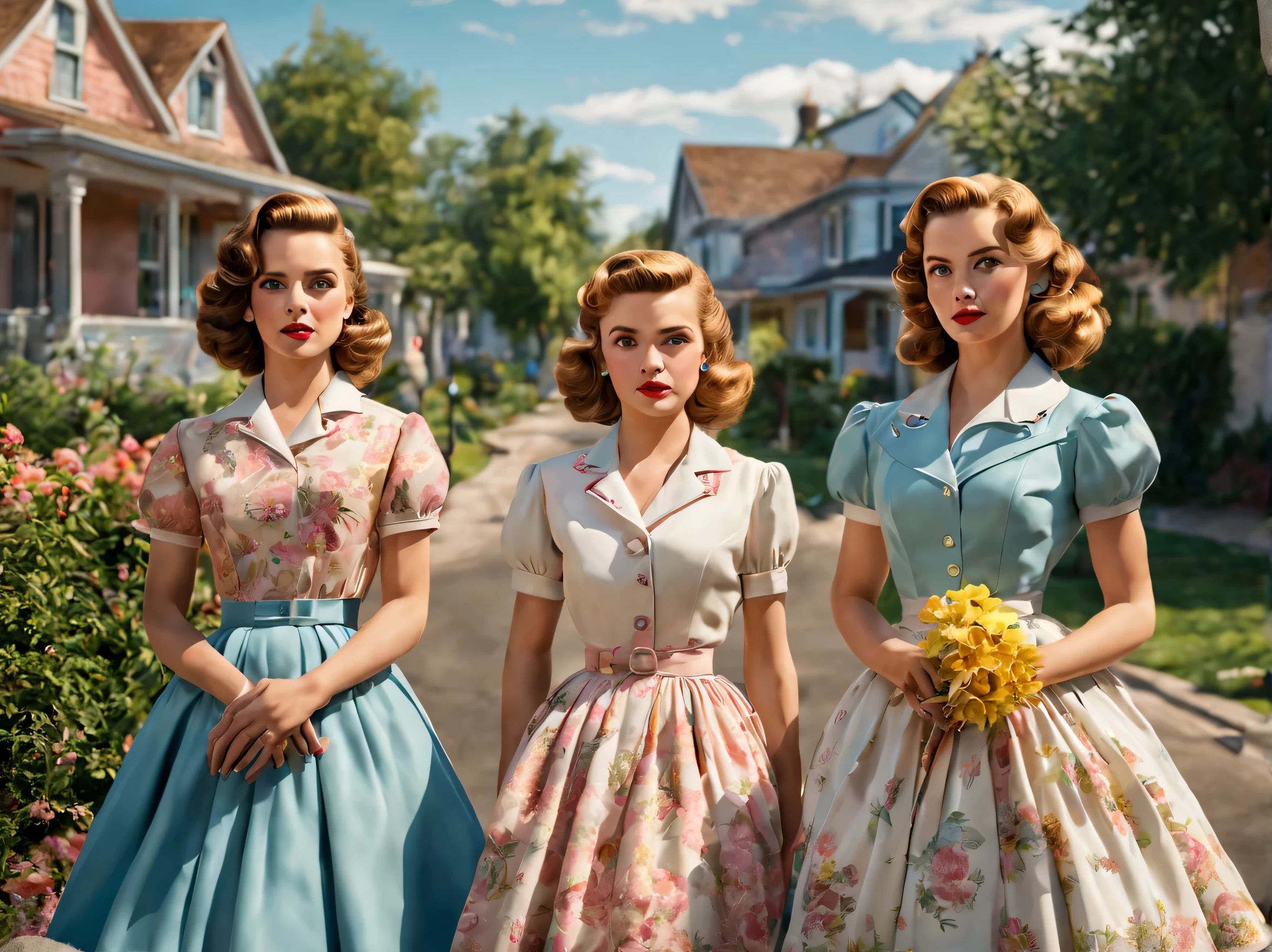 a group of elegant women at a 1950s party" An image featuring a group of elegant women, each wearing their distinctive 1950s evening gowns, posing for a photo at a chic women's evening . Image is edited with a retro pastel palette, reflecting the camaraderie and timeless fashion of 1950s social gatherings. --auto --s2