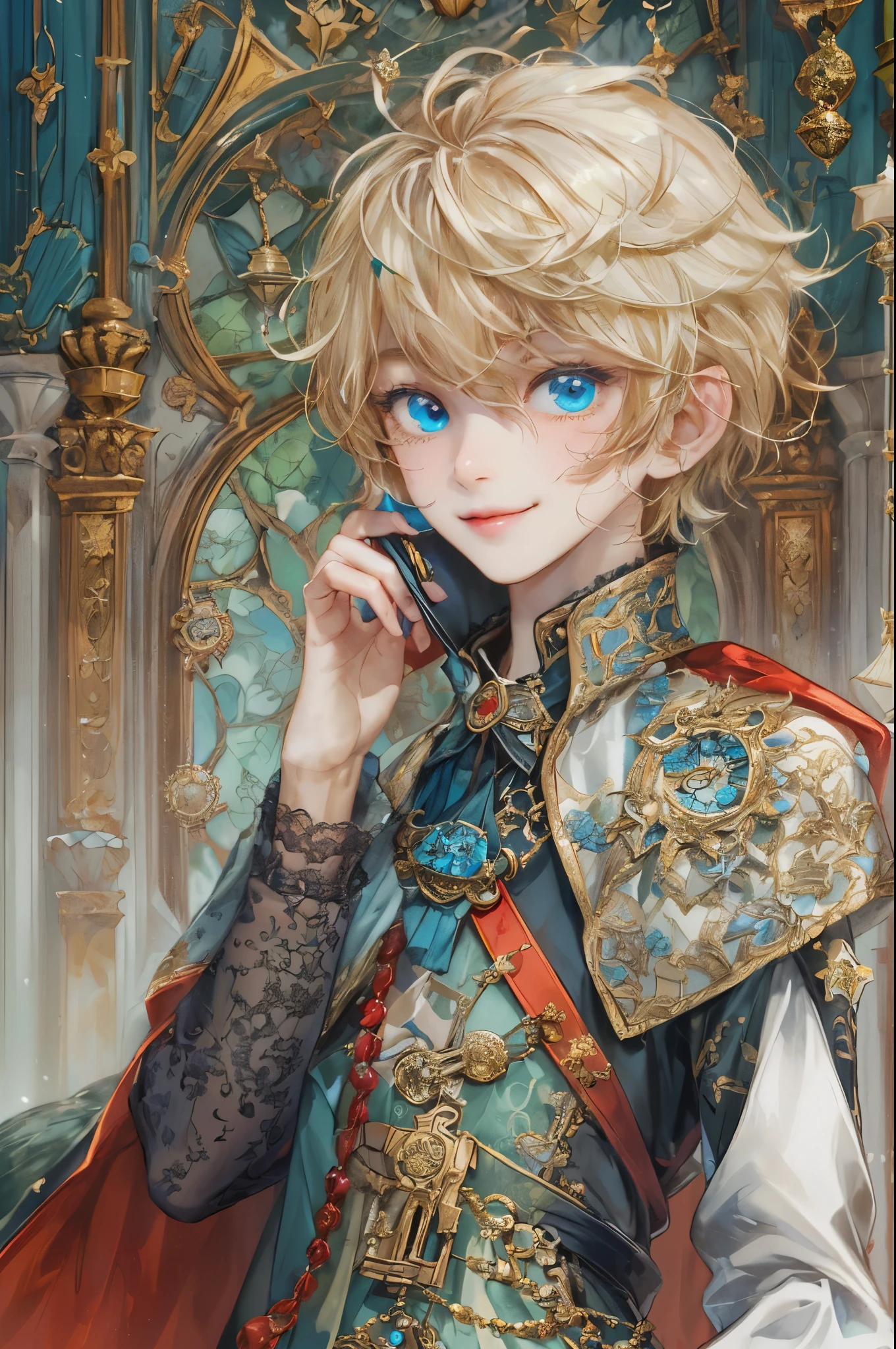((absurdres, highres, ultra detailed, perfect face), 1 boy , front view, young boy, handsome boy villain character from Uta no Prince sama, short hair, anime eyes, alchemist clothes with colorful details,  eyes on the viewer, add red details to picture and smirk, dimples, extremely detailed CG unity 8k wallpaper, add blue details on side, intricate details and add yellow details on left, rose ornaments, witch castle background, detailed houses town scenery window background, tim burton style theme