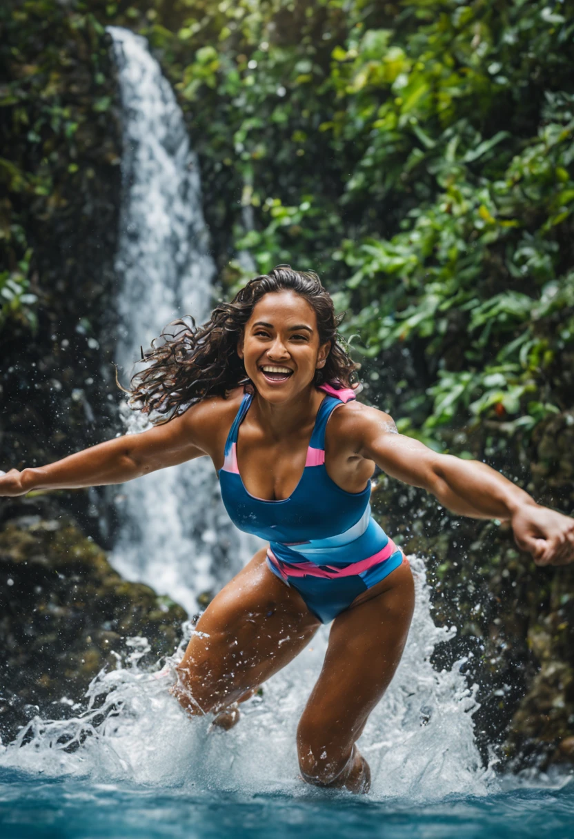 "(best quality, highres, realistic:1.37), vivid colors, ultra-detailed, HDR, Samoan woman, athletic woman, age:20, gorgeous face, lovely face, bright sport swimsuit, bravely jumping, diving, waterfall, pool below, powerful splash, breathtaking scenery, tropical paradise"