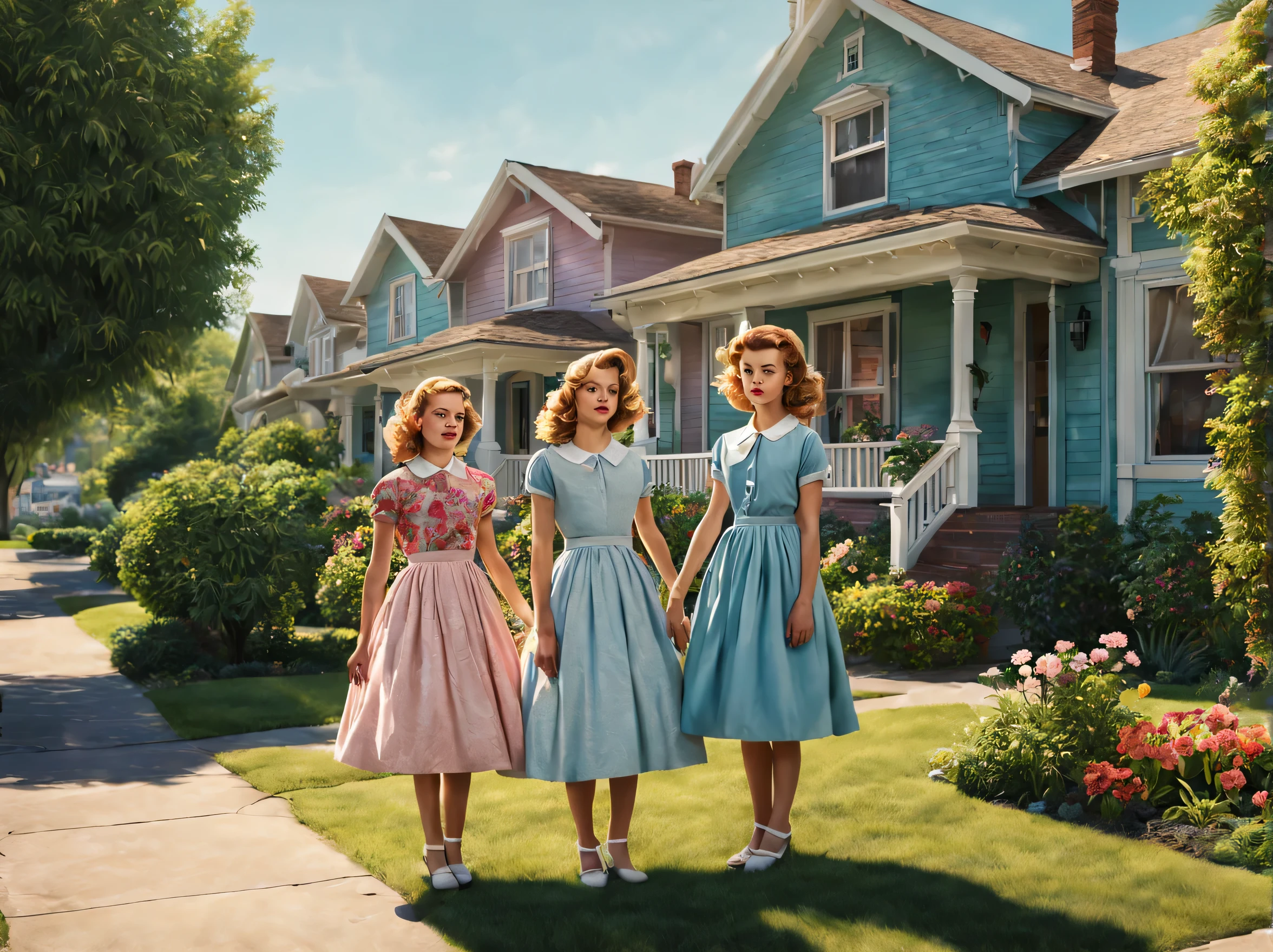 A vibrant and hyper-realistic depiction of 50s Suburbia in the highest quality (best quality, 4k, 8k, highres, masterpiece:1.2), with ultra-detailed (realistic, photorealistic, photo-realistic:1.37) elements.
The scene showcases a picturesque suburban neighborhood in the 1950s, meticulously capturing the essence of the era. The houses are perfectly preserved, with white picket fences, manicured lawns, and blooming gardens. In the foreground, two girls stand on the sidewalk, dressed in stylish vintage attire, exuding the youthful energy of the time.
The girls have beautifully detailed eyes and lips, emphasizing their delicate features and vibrant personalities. Their expressive eyes are framed by long eyelashes, while their lips exude a natural rosy hue. Their hairstyles are reminiscent of the iconic '50s fashion, epitomizing the charm and elegance of the era.
The colors in the image are vibrant and rich, enhancing the visual impact of the scene. The bright blue sky serves as a perfect backdrop, while the houses are painted in pastel shades, radiating a sense of warmth and nostalgia. The lush greenery and blossoming flowers further enhance the idyllic atmosphere of the suburban neighborhood.
The lighting in the scene is carefully crafted to accentuate the details and create a sense of depth. Soft golden sunlight casts long, dramatic shadows, adding a touch of cinematic flair. The shadows highlight the textures of the houses and the girls' dresses, creating a visually captivating composition.
With its sharp crisp image and ultra-fine painting details, this artwork transports the viewer back in time to experience the charm and beauty of 50s Suburbia.