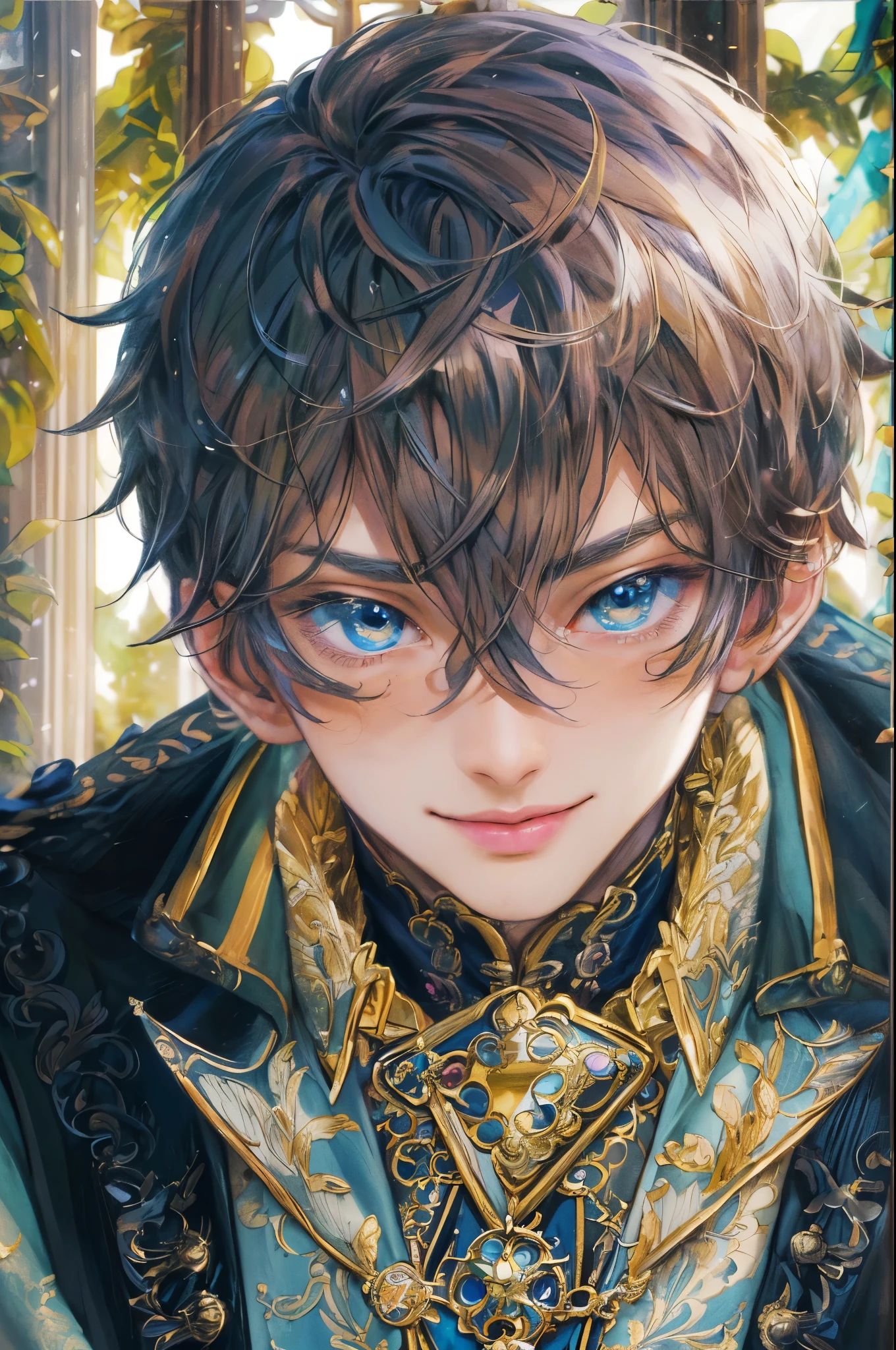 ((absurdres, highres, ultra detailed, perfect face), 1 boy , front view, young boy, handsome boy villain character from Uta no Prince sama, short hair, anime eyes, alchemist clothes with colorful details,  eyes on the viewer, add red details to picture and smirk, dimples, extremely detailed CG unity 8k wallpaper, add blue details on side, intricate details and add yellow details on left, rose ornaments, witch castle background, detailed houses town scenery window background, tim burton style theme