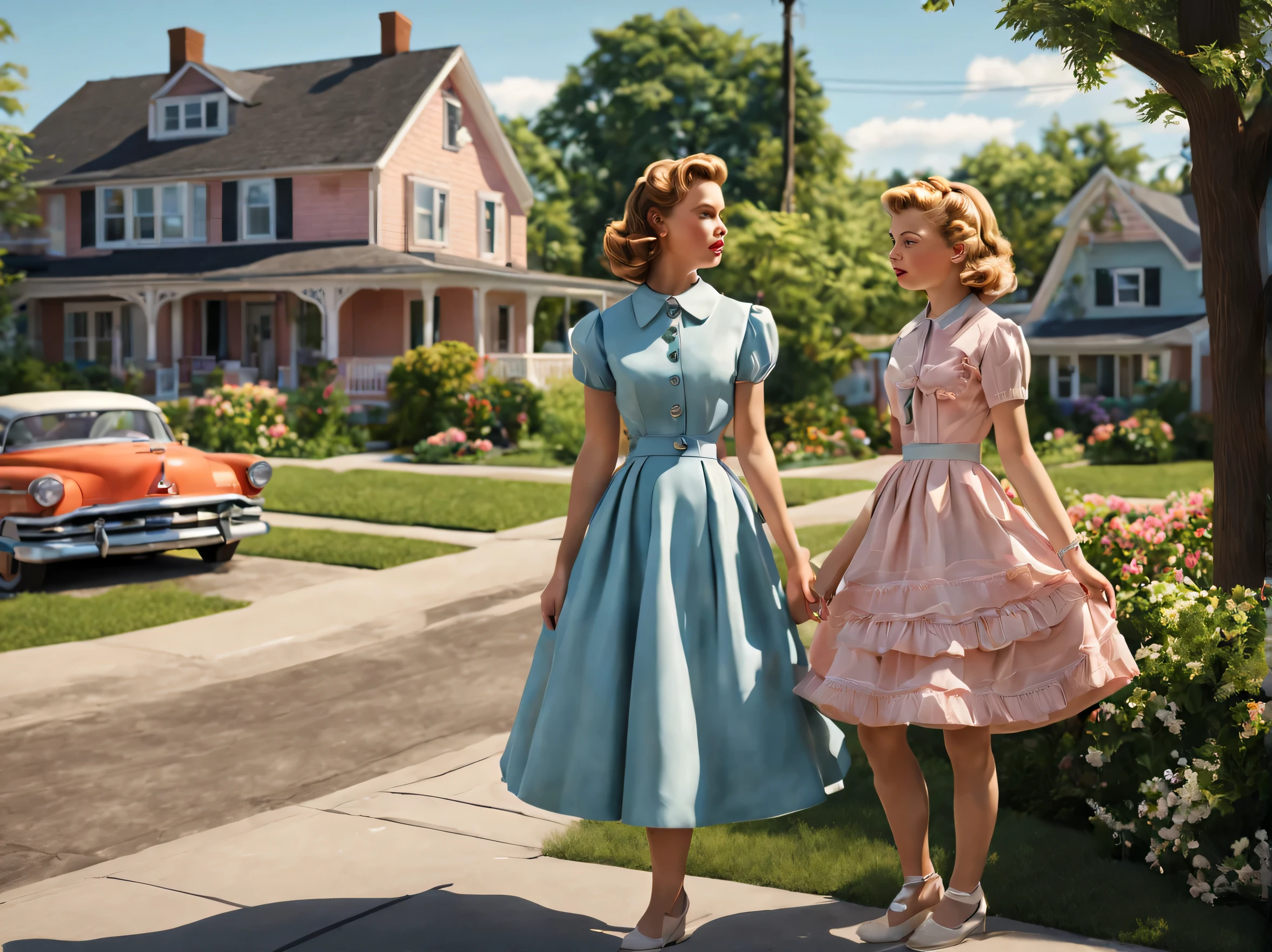 A vibrant and hyper-realistic depiction of 50s Suburbia in the highest quality (best quality, 4k, 8k, highres, masterpiece:1.2), with ultra-detailed (realistic, photorealistic, photo-realistic:1.37) elements. 

The scene showcases a picturesque suburban neighborhood in the 1950s, meticulously capturing the essence of the era. The houses are perfectly preserved, with white picket fences, manicured lawns, and blooming gardens. In the foreground, two girls stand on the sidewalk, dressed in stylish vintage attire, exuding the youthful energy of the time.

The girls have beautifully detailed eyes and lips, emphasizing their delicate features and vibrant personalities. Their expressive eyes are framed by long eyelashes, while their lips exude a natural rosy hue. Their hairstyles are reminiscent of the iconic '50s fashion, epitomizing the charm and elegance of the era.

The colors in the image are vibrant and rich, enhancing the visual impact of the scene. The bright blue sky serves as a perfect backdrop, while the houses are painted in pastel shades, radiating a sense of warmth and nostalgia. The lush greenery and blossoming flowers further enhance the idyllic atmosphere of the suburban neighborhood.

The lighting in the scene is carefully crafted to accentuate the details and create a sense of depth. Soft golden sunlight casts long, dramatic shadows, adding a touch of cinematic flair. The shadows highlight the textures of the houses and the girls' dresses, creating a visually captivating composition.

With its sharp crisp image and ultra-fine painting details, this artwork transports the viewer back in time to experience the charm and beauty of 50s Suburbia.