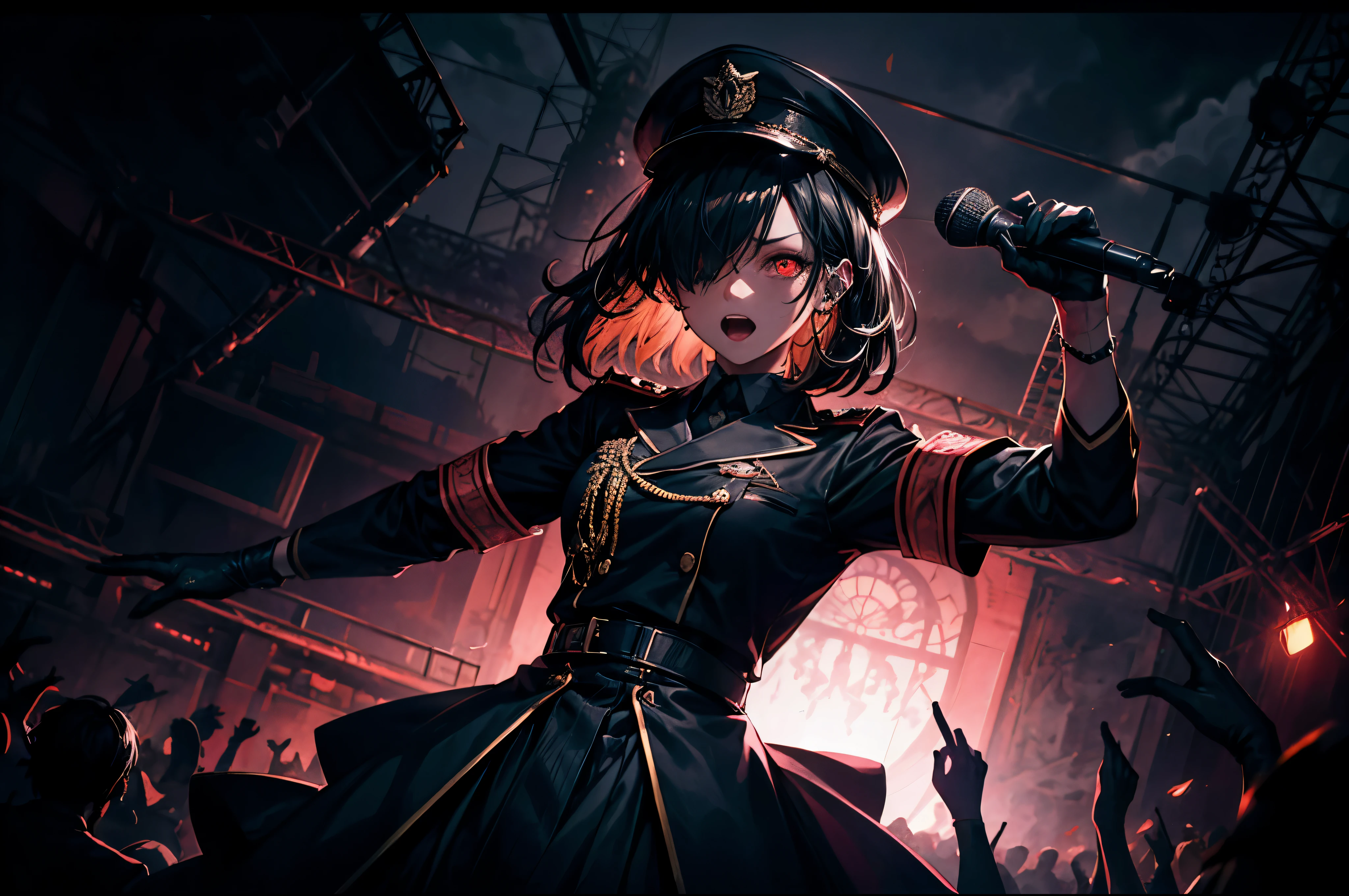 masterpiece, 最high quality, high quality, be familiar with, ultra be familiar with, hyper be familiar with, insanely be familiar with, exquisite, beautiful, fhd, Full HD, 4k, 8k, 16k, High resolution, disorganized, abyss, Cathedral, male, anger, Excited, noisy, serious expression, looking at the viewer, short hair, hair above one eye, black hair, striped hair, red eyes, uniform, earrings, armband, gloves, With a tattoo, have, with microphone, mole, at the concert, dark atmosphere, dark academia, medium shot, dynamic angle, darkness, Backlight,starry sky nebula colorful