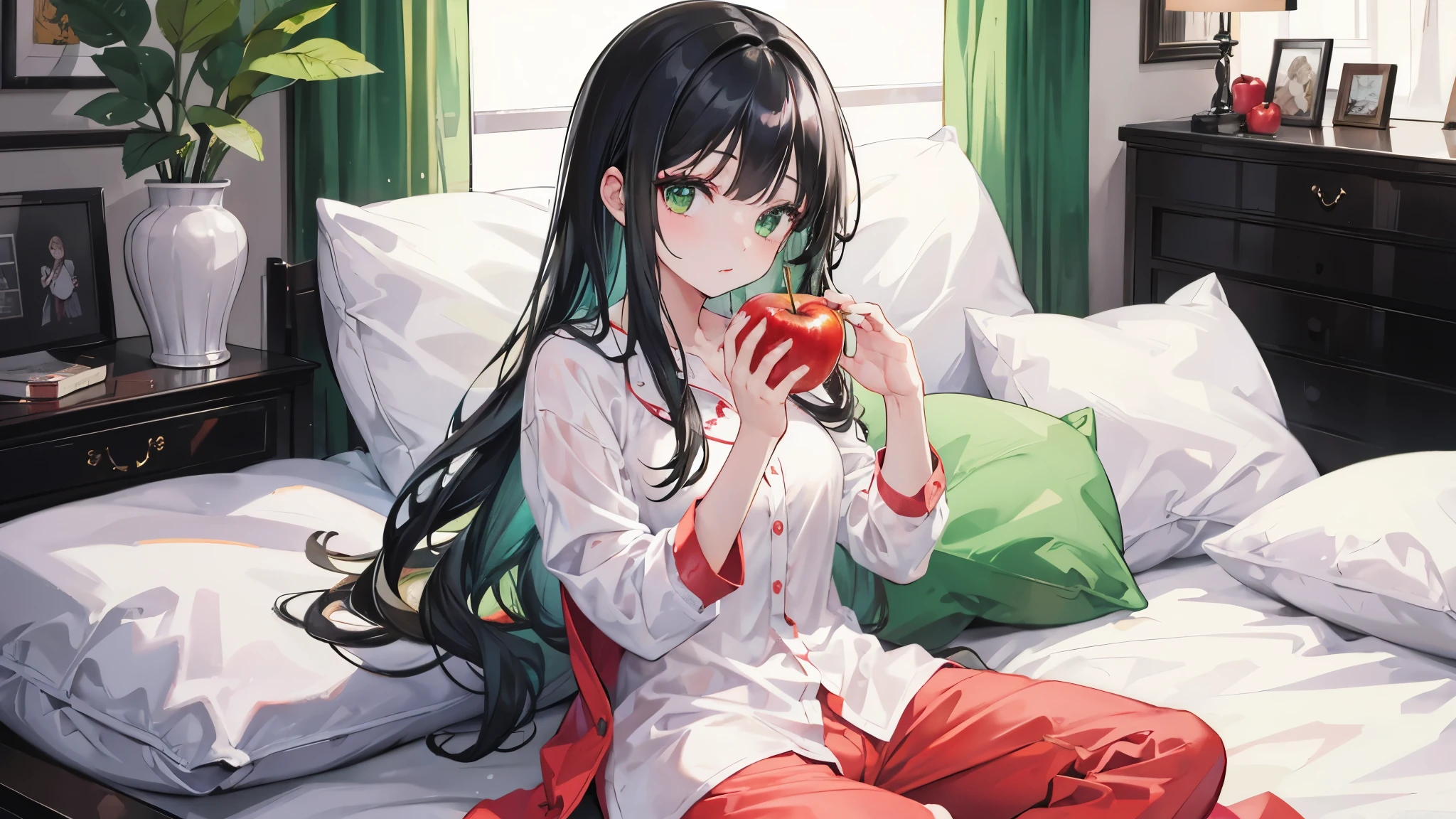1 girl, long black hair, green eyes, wearing a pijamas, in a house, eating an apple, high resolution, ultrasharp, 8k, masterpiece