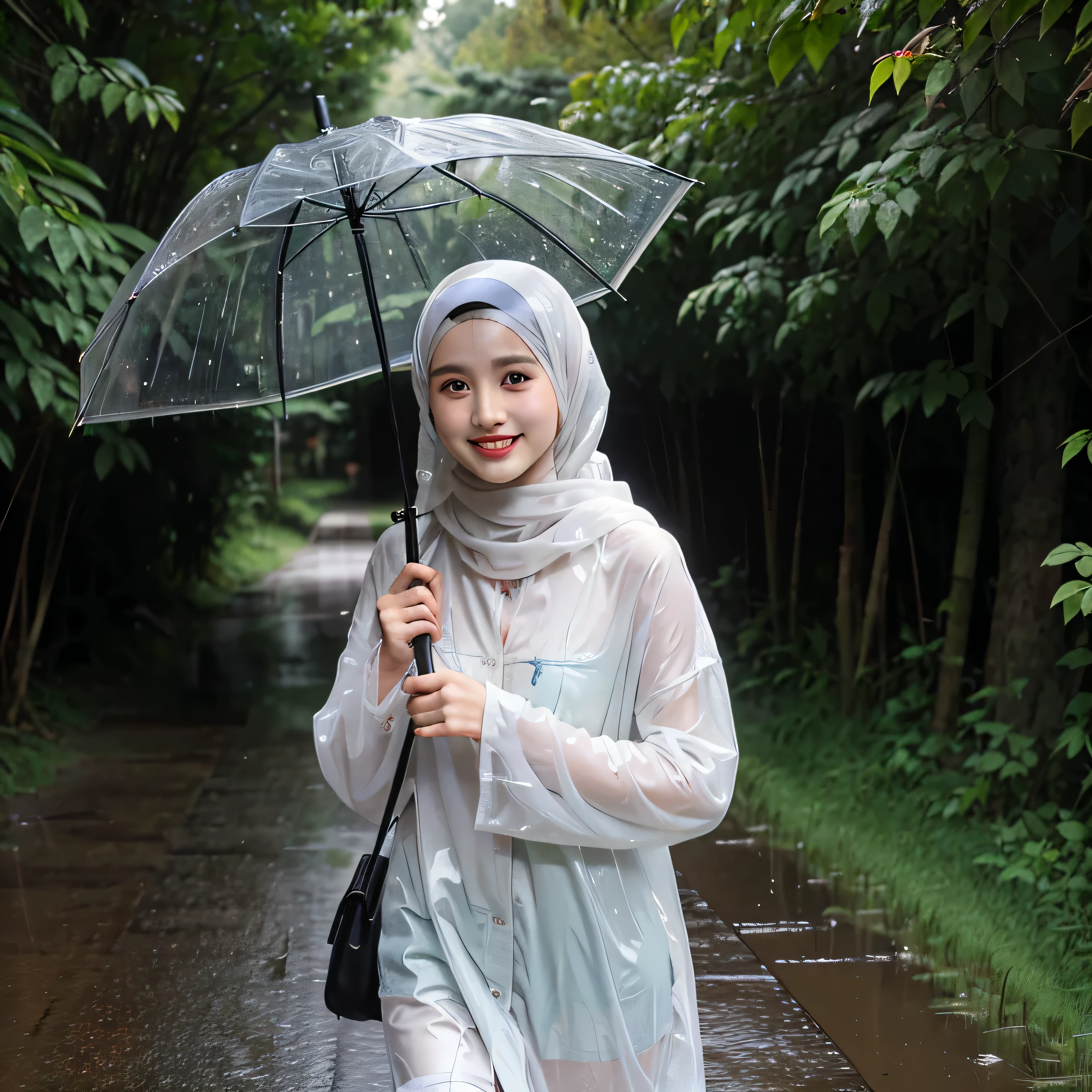 TYPE : dokumenter Photography
THEME : rain
RACE : Indonesian, young
PERSON 1 : Early 20s, woman hijab
SCENE :  a woman wearing a transparent umbrella, stretched out her hand as if inviting us to walk together, under the pouring rain , graceful and calm smile , wet clothes and hijab , wet effect
PROPS: casual clothing , heavy rain, detail water drops , wet clothes effect , dirt road in the the forest with lush bushes
CAMERA : photographed using an Canon eos 90d DSLR camera with 18-135mm lens
, best preset lighting , skin texture , detailed face 
ANGLE : High Dynamic Range (HDR) shot , Umbrella View
