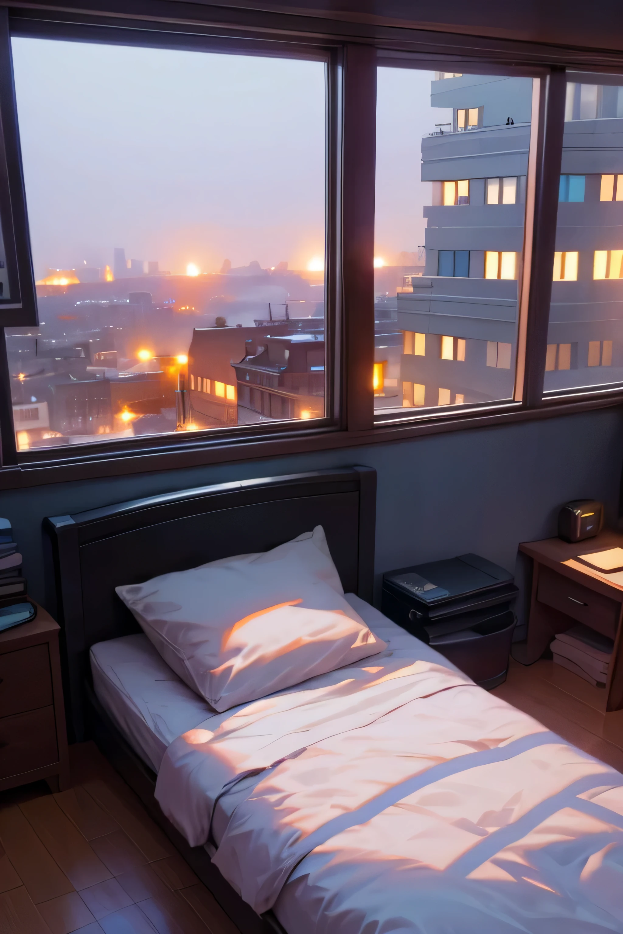 comfortable room，Single bed by window，Outside the window is the night view of the city，The room is very narrow，wooden floor，Laptop screen glowing，dim lights