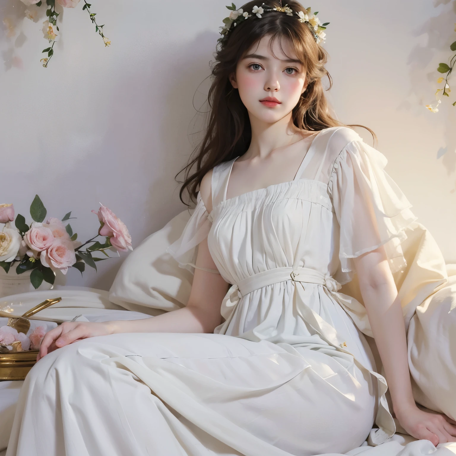 (Sargent style watercolor)、(edmund leighton style)、(highest quality、masterpiece)、Portrait of a beautiful and delicate girl, Playful and cute, Against the background of petals、romantic、soft light、((white background))、((blank background))、