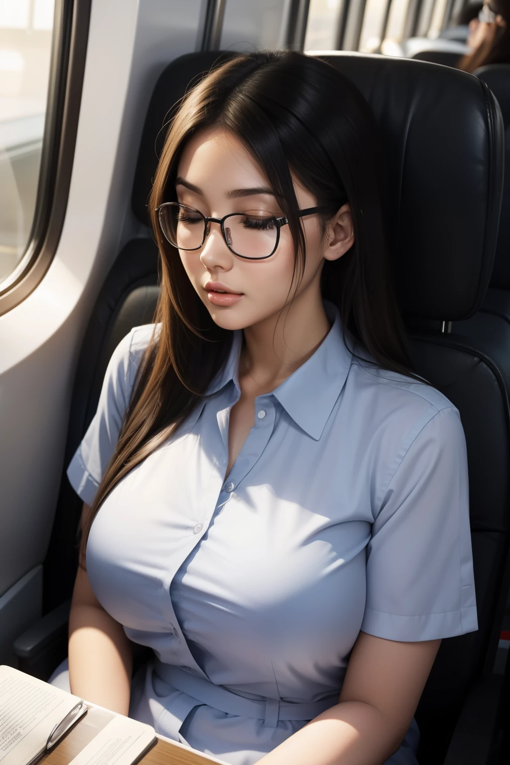 1 beautiful woman, similar to the model Lucy Pinder, big eyelashes, full and shiny lips, drooling, sleeping with her mouth open, snoring, sleeping while sitting on the train, head resting on the seat, dressed as a nurse, outlined eyes, eyes closed, Asian girl, glasses.