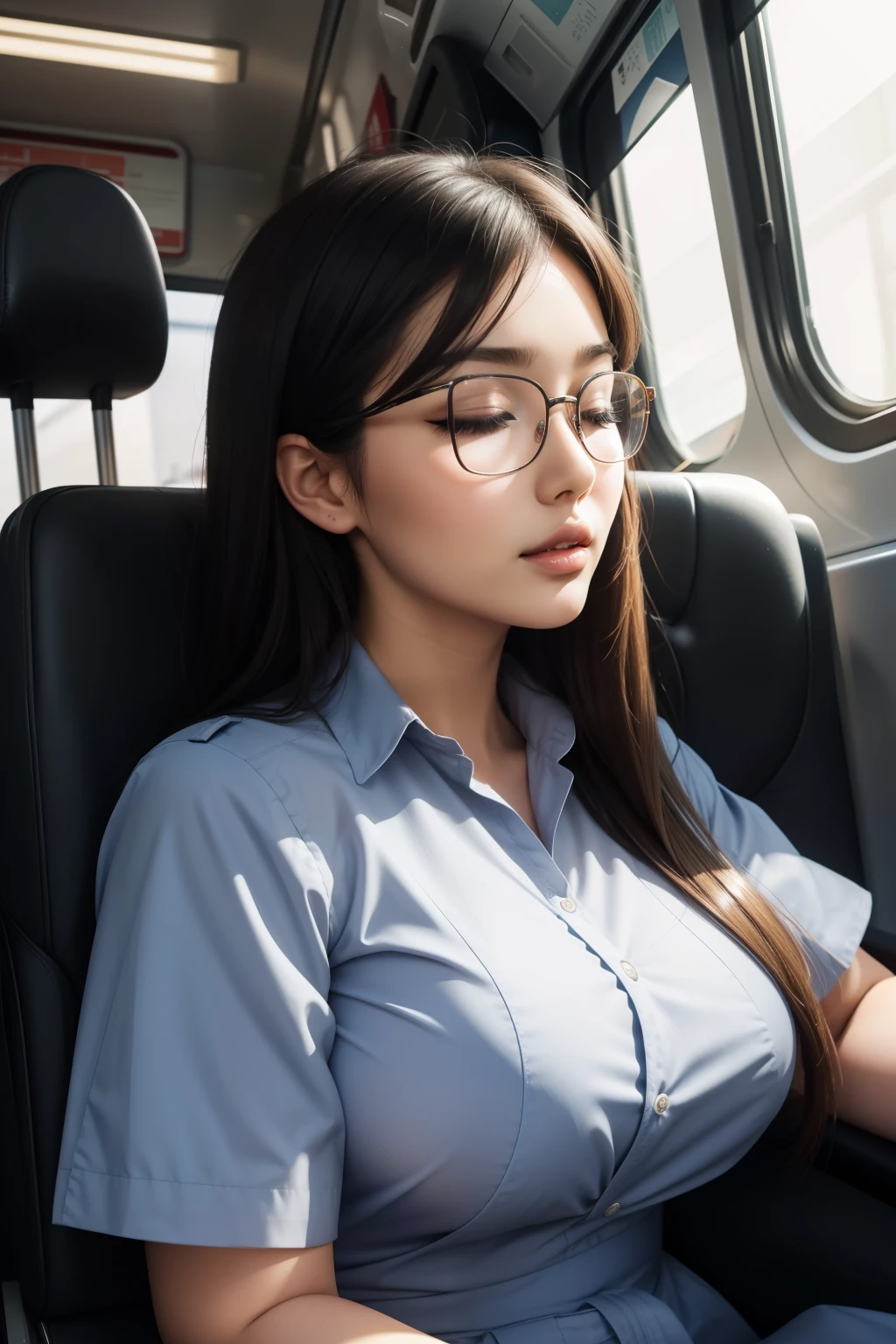 1 beautiful woman, similar to the model Lucy Pinder, big eyelashes, full and shiny lips, drooling, sleeping with her mouth open, snoring, sleeping while sitting on the train, head resting on the seat, dressed as a nurse, outlined eyes, eyes closed, Asian girl, glasses.