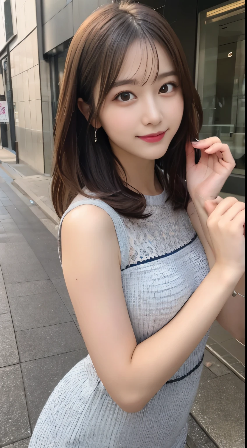table top, highest quality, figure, super detailed, finely, High resolution, 8k wallpaper, 完璧なダイナミックな構figure, detailed and beautiful eyes, dress,medium hair, natural color lip, random sexy poses,smile,Aoyama Street Walk、26 year old girl