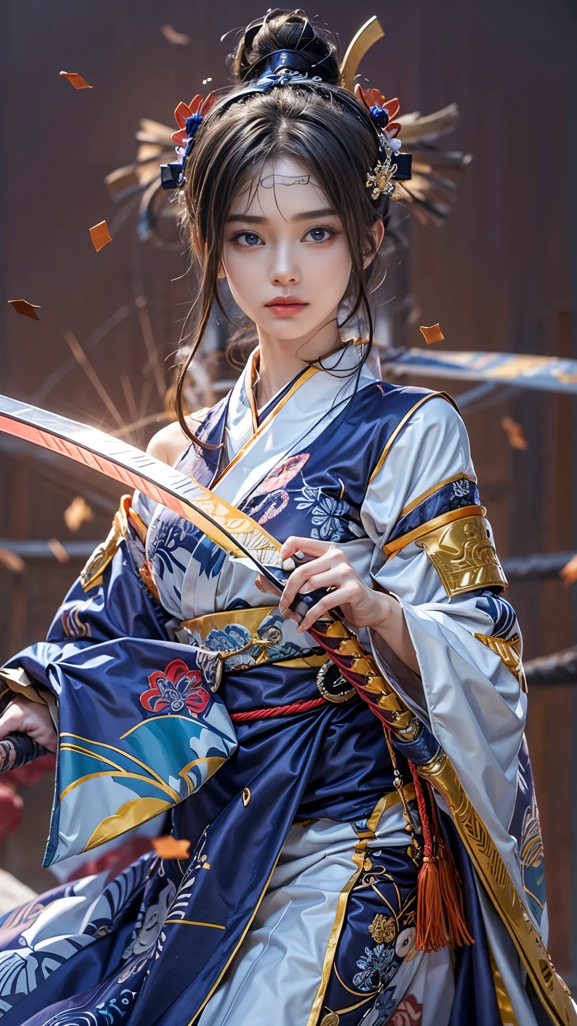 (RAW shooting, Photoreal:1.5, 8k, highest quality, masterpiece, ultra high resolution), Sengoku, fire事:1.2, いたるところで燃え上がる戦fire:1.3, perfect dynamic composition:1.2, Highly detailed skin and facial textures:1.2, Slim female samurai with a sharp Japanese sword:1.3, Fight:1.2, beautiful and aesthetic, cute and sexy beauty, perfect style:1.2, wear elaborate rings, fire, water, Wind, thunder, ice, Fair skin, very beautiful face, (Medium chest, Chest gap), (embarrassing smile, The expression on your face when you feel intense caress, Facial expression when feeling pleasure), (Wearing a sexy Sengoku uniform:1.2, off shoulder), (beautiful blue eyes, Eyes that feel beautiful eros:0.8), (Too erotic:0.9, Bewitching:0.9), full body shot