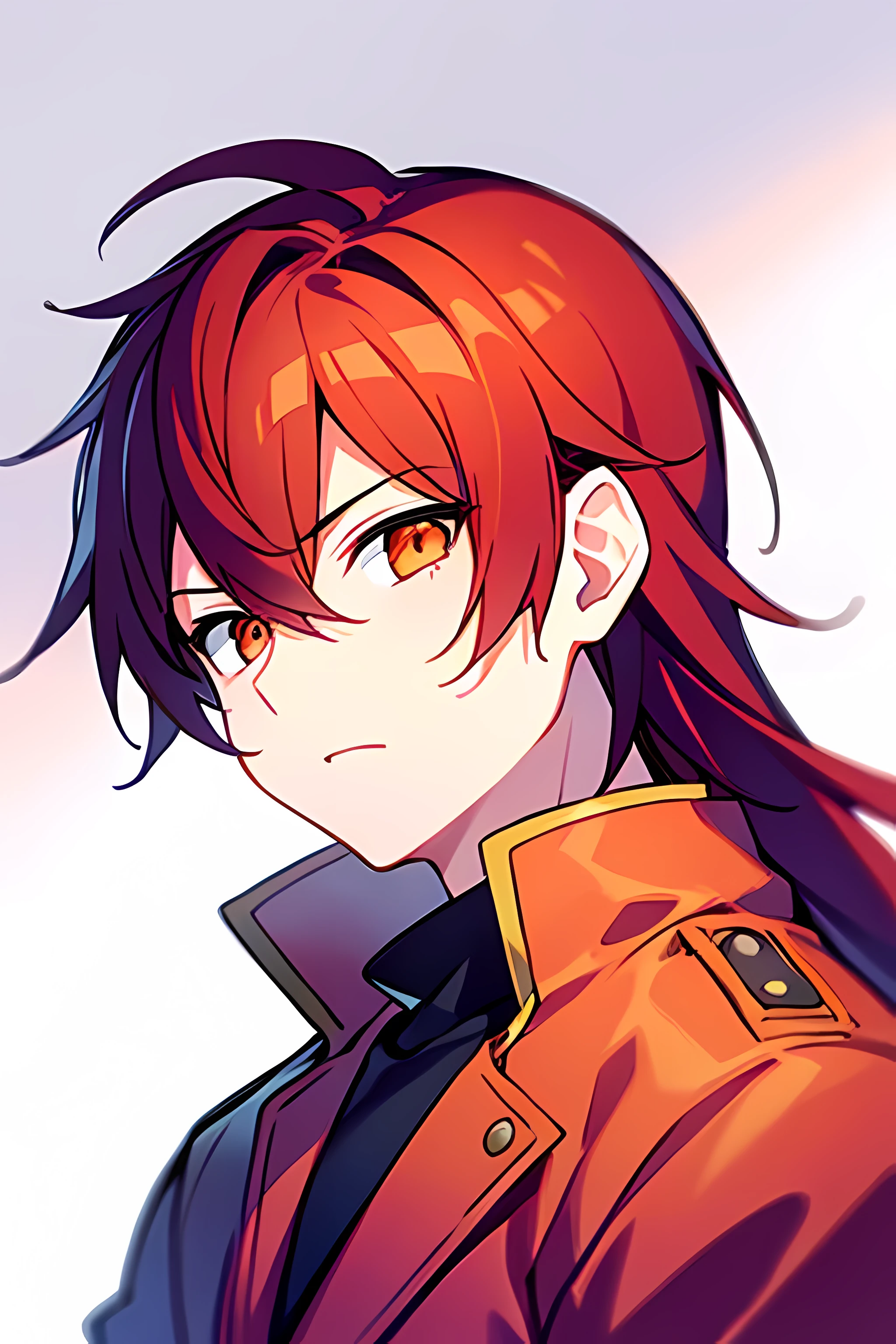 1boy,solo,1boy,solo,((detailed eyes)), orange eyes, (detailed light),depth of field,(red hair),long hair,red jacket ,wet, serious, white background,facing to the side,falling,sketch,upper body,intense shadows