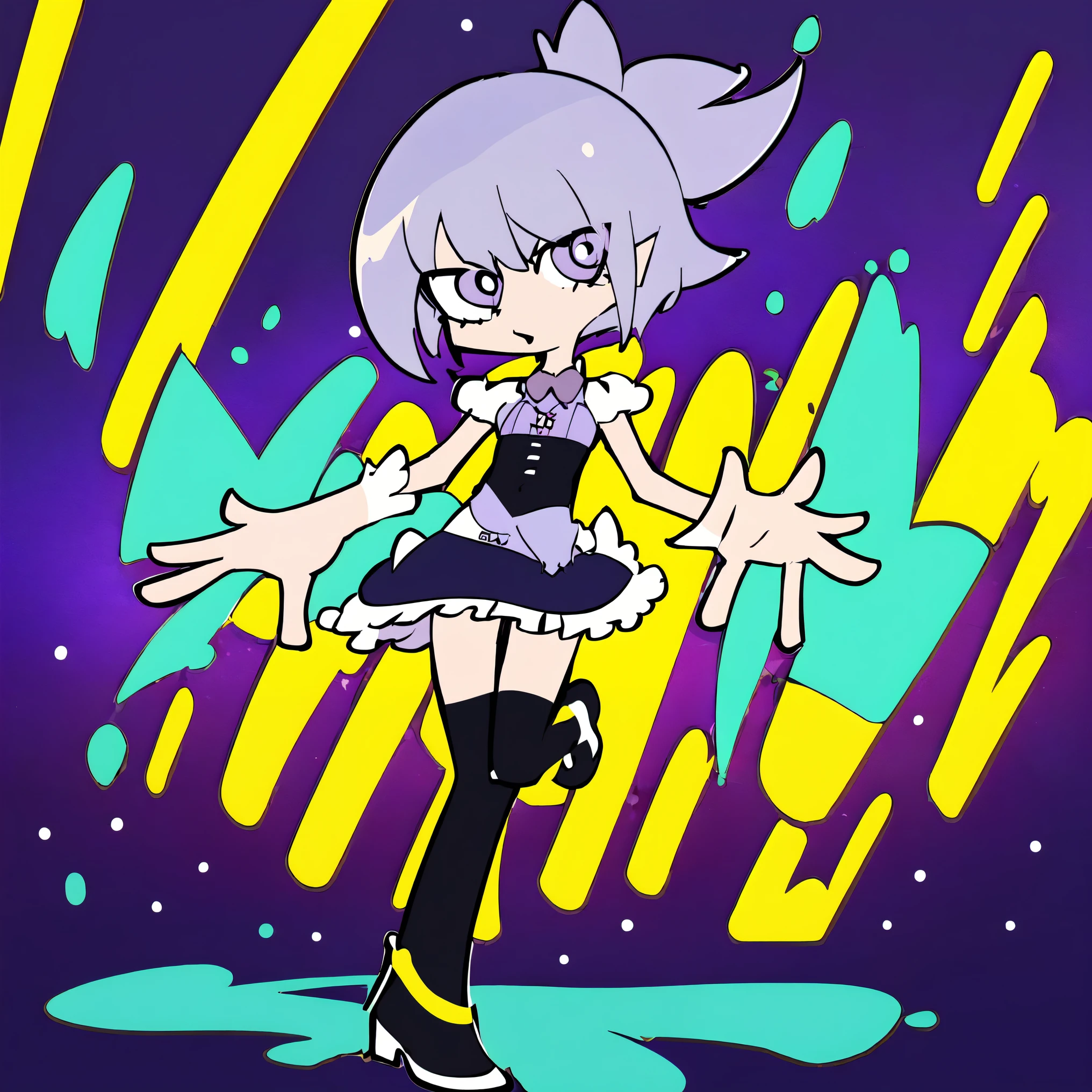 (Ultra Detailed,Ultra High Definition,Detailed Background),((2D)),((Flat Color)),((Colorful)),(((Floating Colorful Water))),1 Girl,Solo,Watch Viewer,Break,Hair Color
Silver, female medium short hair,
In Bikini with a short skirt, long black stockings
character dancing, purple sparking eyes, with stars in the pupils,
((pantyandstocking style)) 