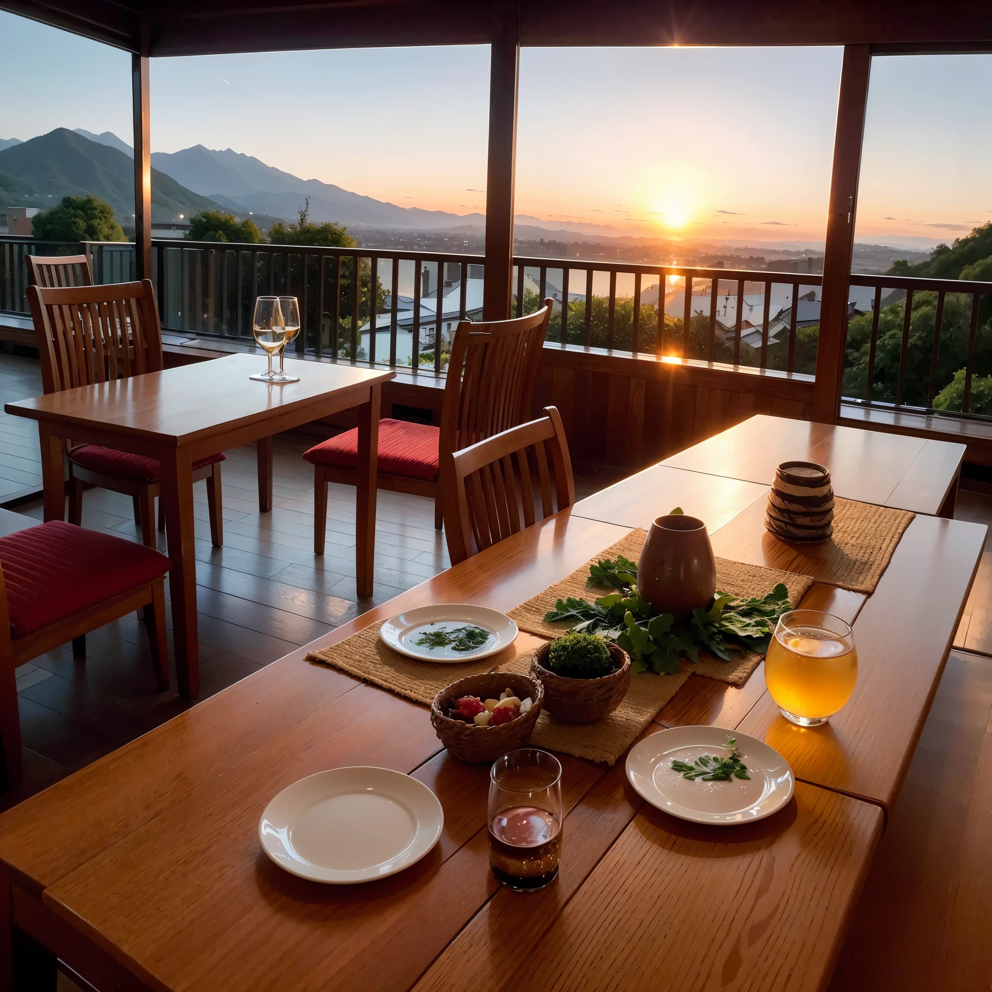 (including 64k, nffsw, highest quality, table top: 1.2), (realistic, realistic: 1.37), Spectacular view of the sunset sky and clouds、Amazing mountain views、Japanese food、White wine、Japanese sake、Sake Glass、wine glass、、sparkling wine、