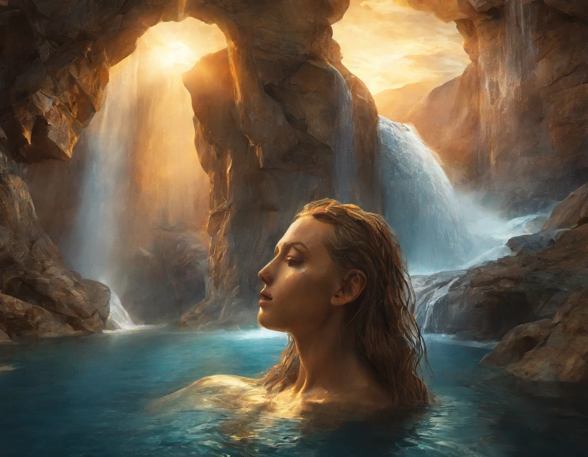 High Resolution, High Quality, Masterpiece. Surreal landscape integrating a human face with closed, peaceful eyes into a mountain, waterfall flowing from the head as hair cascading into a serene pool below, sunset background with light rays piercing through clouds, tranquil mystical atmosphere with a warm color palette of soft oranges, yellows, and blues, digital painting, golden ratio, cinematic, ultra realistic., 8K artistic photography, photorealistic concept art, soft natural light, volumetric atmosphere, cinematic chiaroscuro