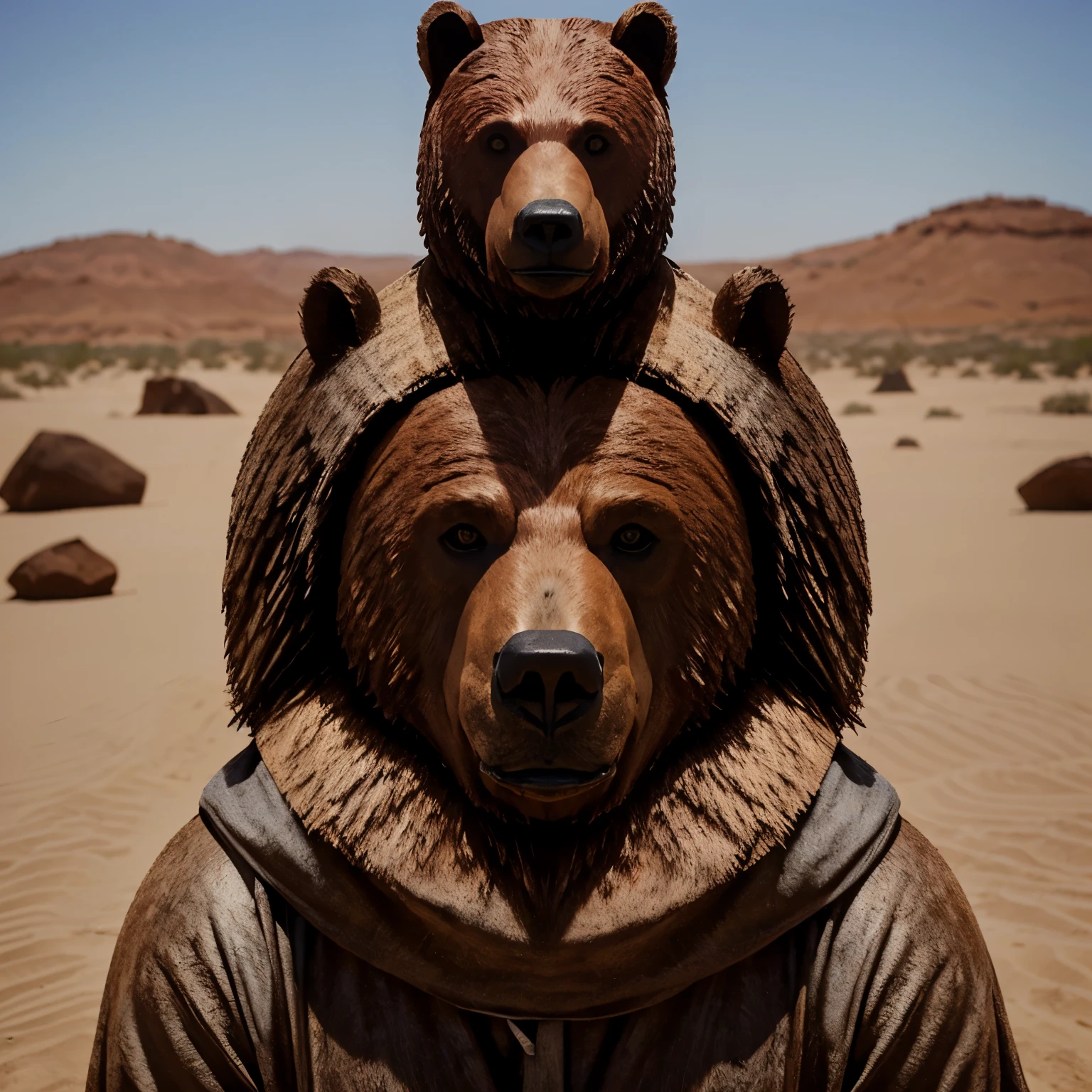 homem jovem, cabelos brancos, olhos cinzentos, ((roupas pretas)), (((capa de couro de urso))), (correntes), Sozinho, em um deserto, olhando para o espectador,tiro de vaqueiro, obra de arte