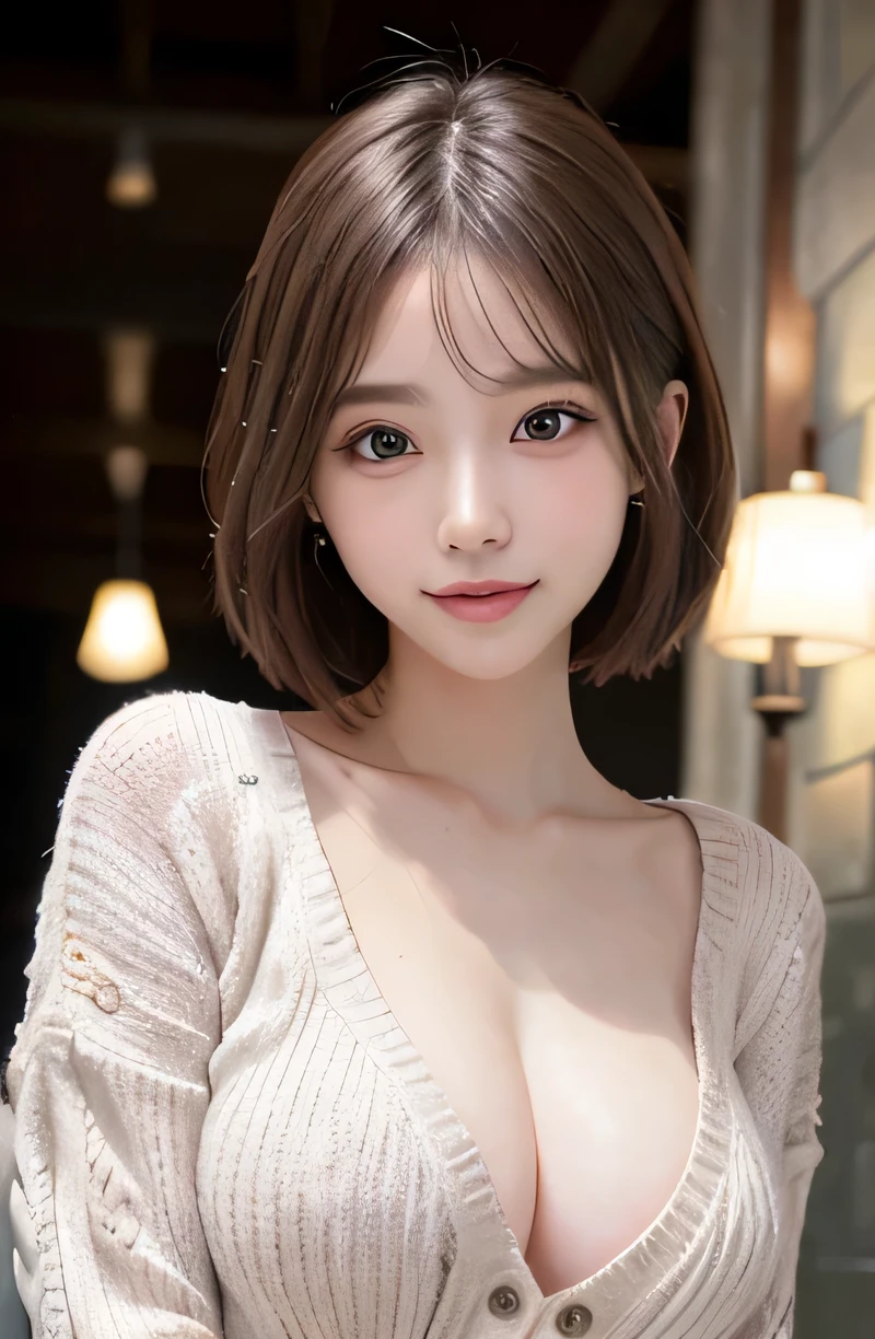 table top, highest quality, figure, super detailed, small details, High resolution, 8k wallpaper, 1 girl, alone, japanese girl, 18-year-old, 完璧なダイナミックな構figure, detailed and beautiful eyes,  natural lip, ((open upper chest:1.4) tight knit sweater), (Sweaters in different colors:1.4), big breasts, firm chest, cleavage, (charming smile:1.1), from the waist up, ,shallow depth of field, focus on the eyes, (short hair:1.2), light makeup, shallow depth of field, Bokeh,