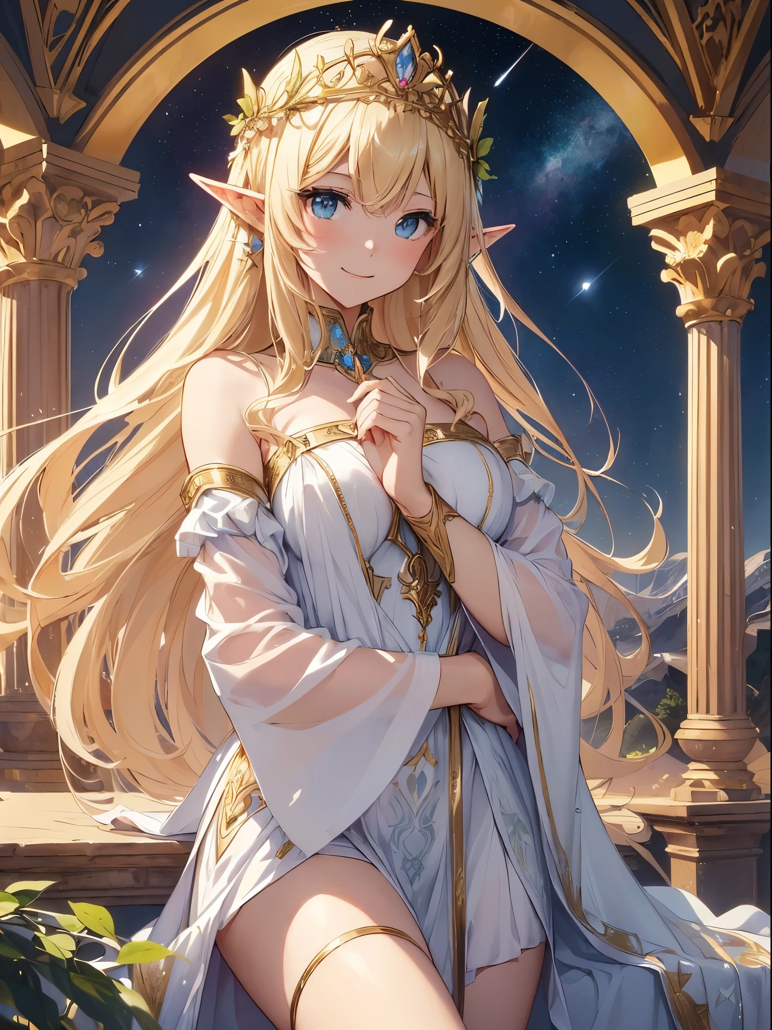 highest quality、Highest image quality、masterpiece、Titania、Super beautiful elf beauty((22 years old OL big bust、bust 90,beautiful long ironed hair、blonde、Height: 165cm。slender、sexy、Esbian、beautiful tiara、night、High quality、美しいart、background((starry ski)))muste piece、ビジュアルart、Depth of the bounds written、、elf ears、光のmagic、universe、A happy smile、gentle light、lanthanum、get lost、、ティッカー美しいdecoration的な、elegant、mystical rosa、 heaven、beautiful dressy、beautiful dress、、giant galaxy、morning、myth、ART、Lord of the Ring、sexy、friendly smile、Fantastic、mysteryの森、in the forest、magicの光、fantasy、flower、super REALITYたくさんの薔薇、magic、Nature、壮大なflower畑、World of Angels、fantasy、hourglass、decoration、marble columns、gold foil、mysteryの光、Art nouveau、alphonse Mucha、Greece、Rome、Byzantine、art、art,mystery,UHD,magicalgentle light,