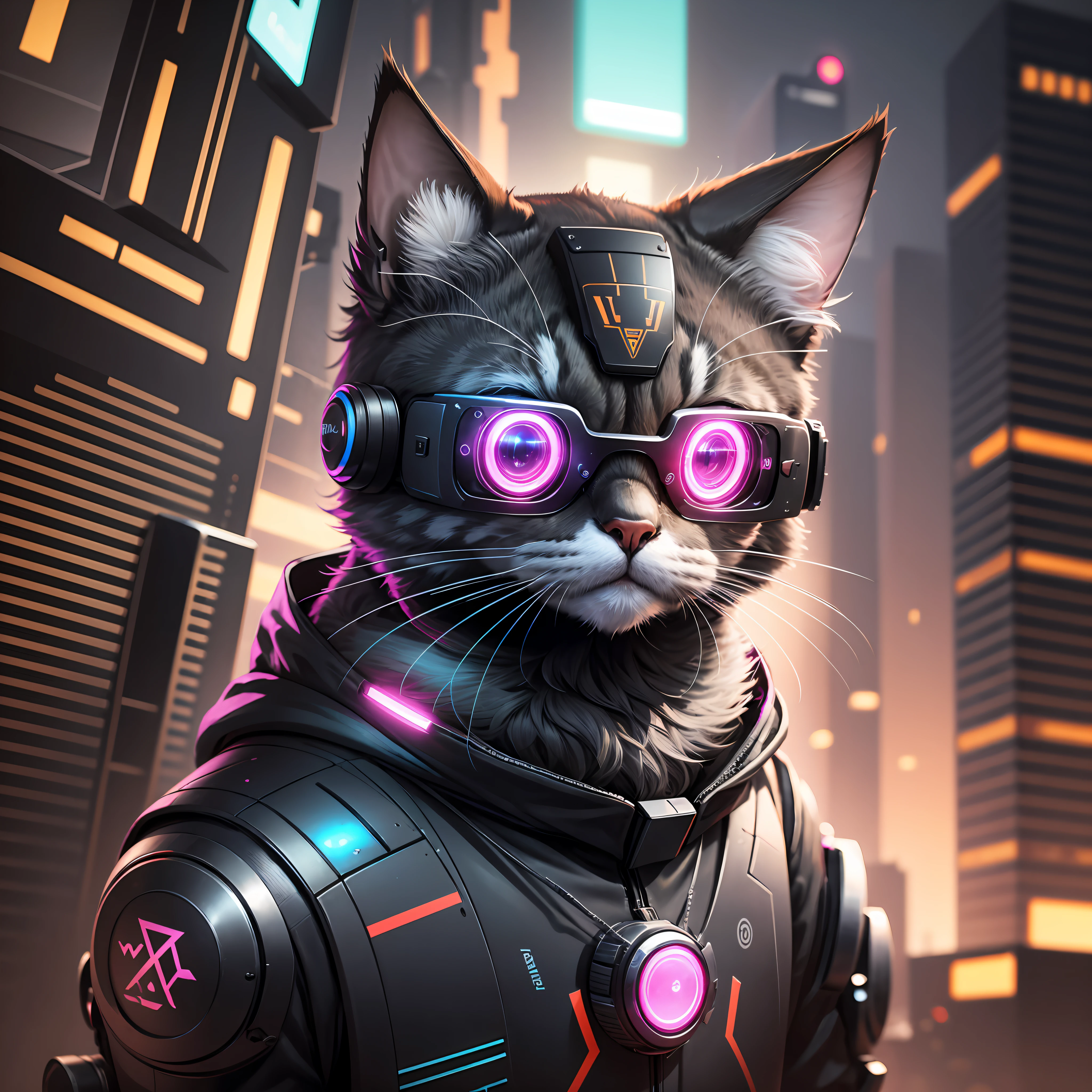 a robot-cat is wearing a black VR glasses on its eyes, cyberpunk, dazzling light, future background, high quality, super details, 8K --ar 3:4 --s 180 --style expressive --auto --s2