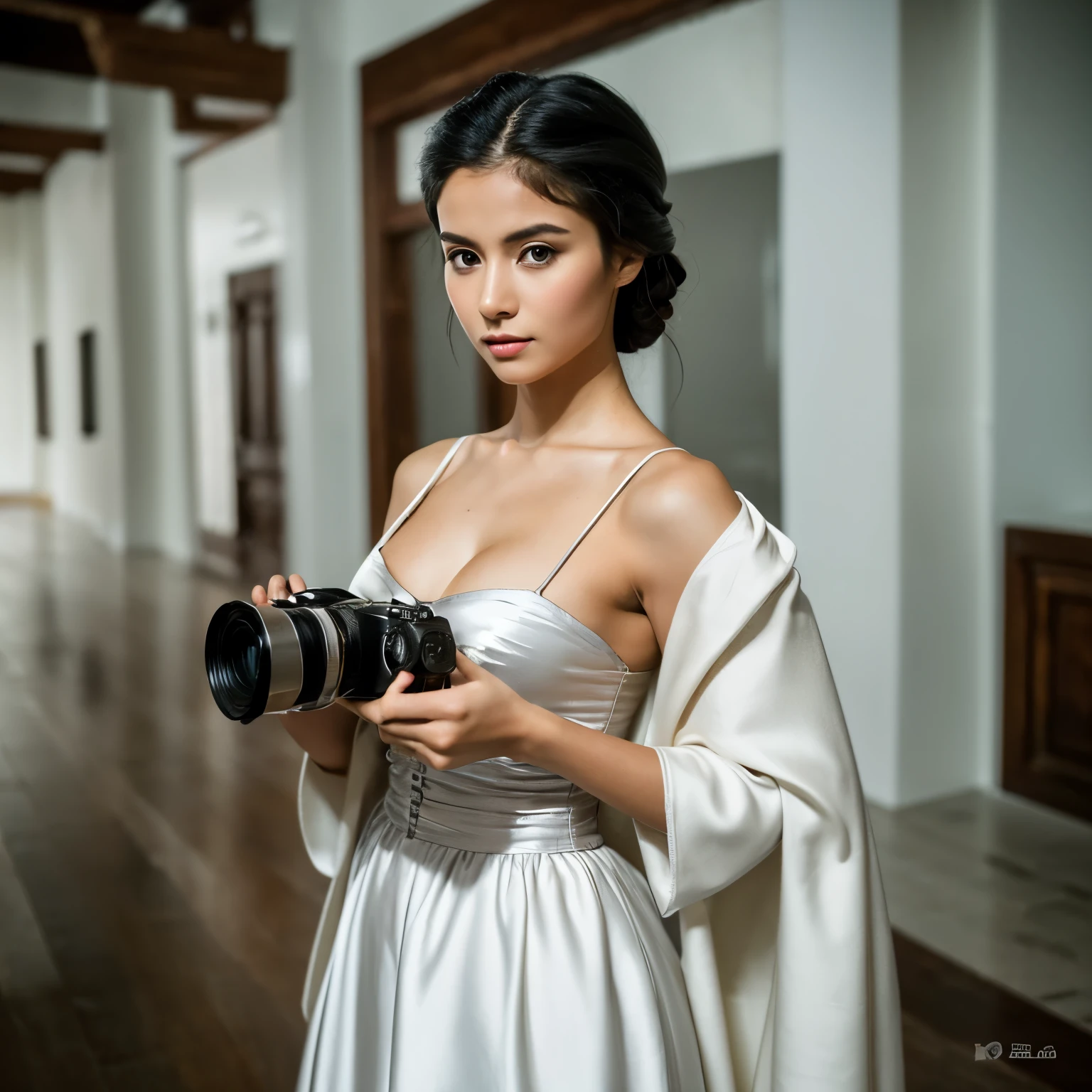 foto cruda. Ana Karenina 22 years old, dressed in period clothing showing her breasts, Rusia, Siglo XIX d.C., perspectiva, half body detalle, sharp focus, ligera mezcla, detalle, sintiendo que es medieval, (high skin detalle: 1,2), 8k UHD, digital slr camera, luz tenue, Alta calidad, Fujifilm XT3 granulated films.